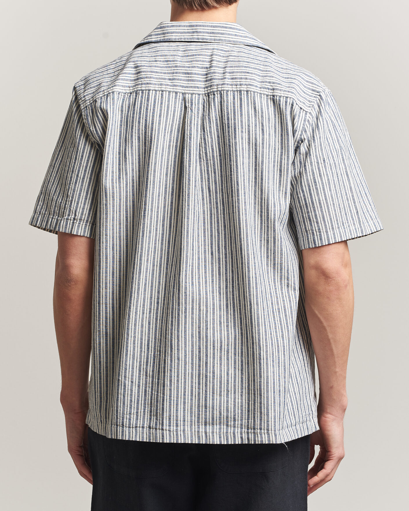 Uomini | Camicie | LES DEUX | Stripe Cotton/Linen Short Sleeve Shirt Dark Blue