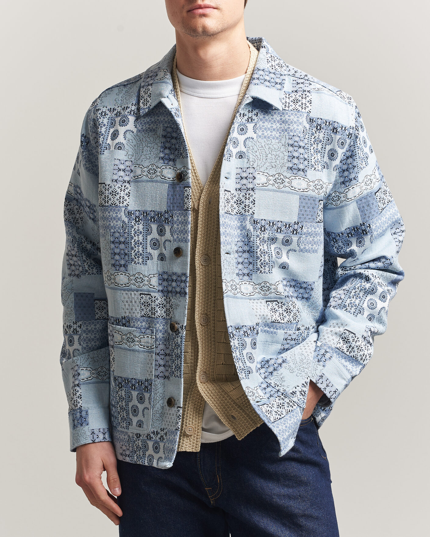 Uomini | Camicie | LES DEUX | Patchwork Jacquard Overshirt Skyway Blue