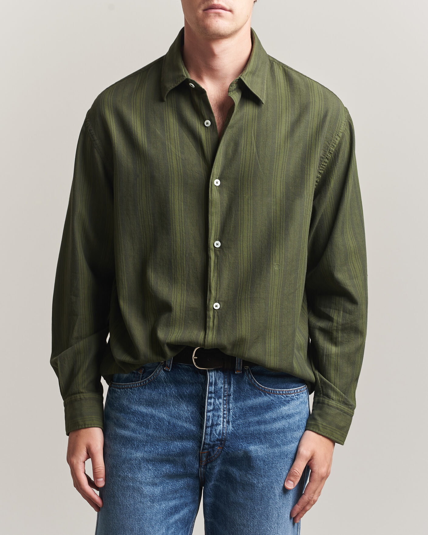 Uomini | Camicie | Massimo Alba | Boxy Striped Cotton Shirt Moss Green