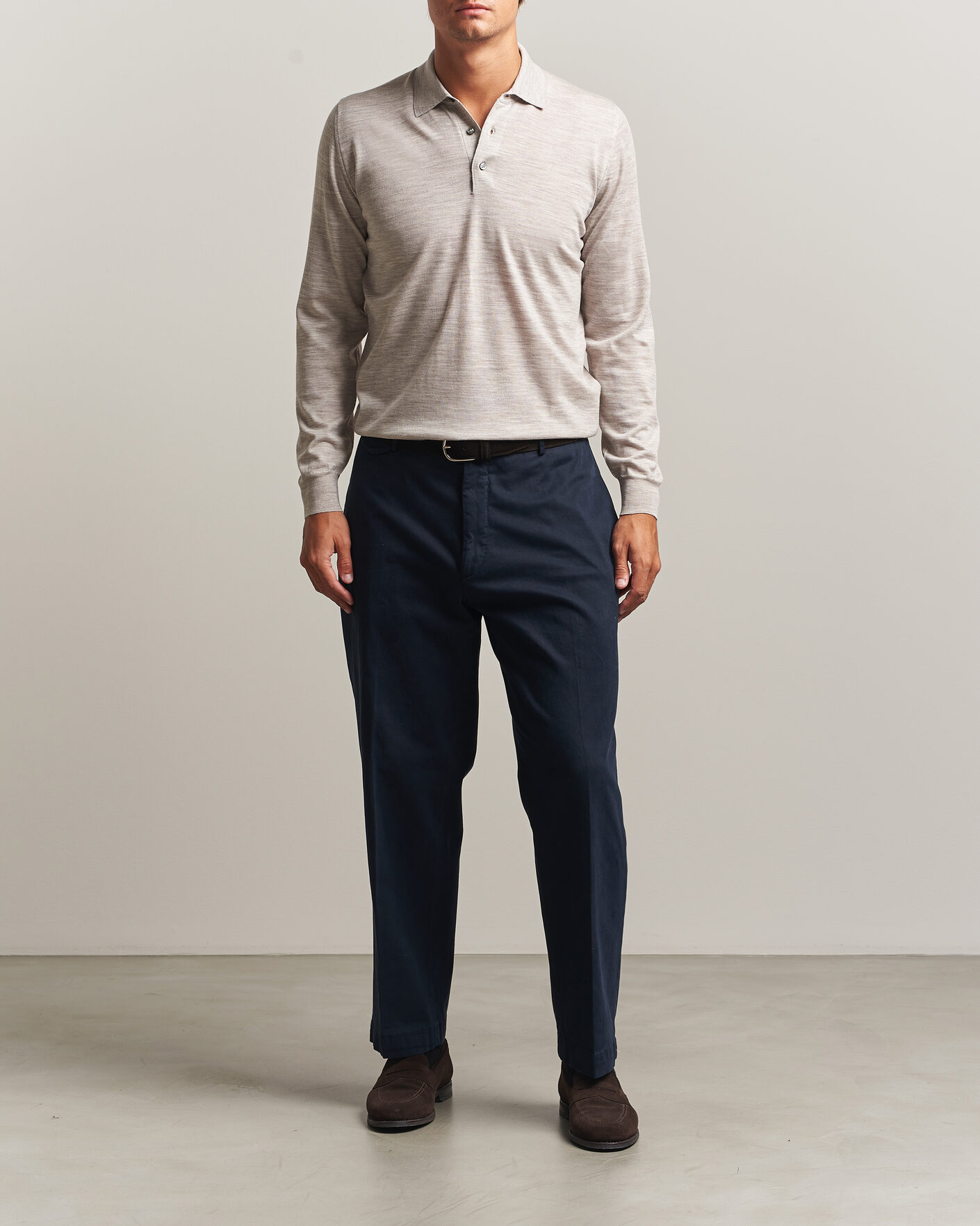 Uomini | Maglieria | Fedeli | 140s Fine Wool Long Sleeve Polo Beige Melange