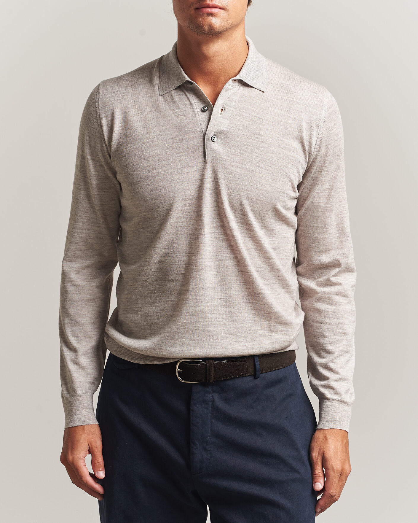 Uomini | Maglieria | Fedeli | 140s Fine Wool Long Sleeve Polo Beige Melange