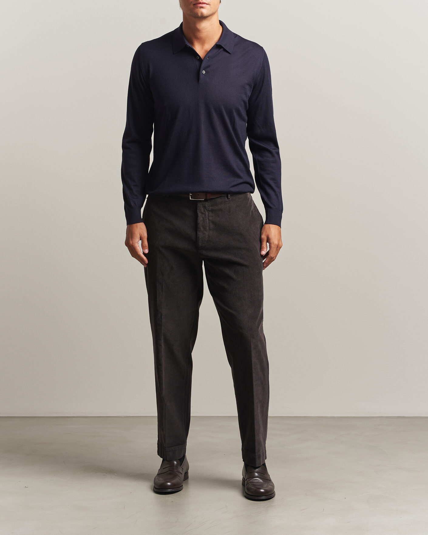 Uomini | Maglieria | Fedeli | 140s Fine Wool Long Sleeve Polo Navy