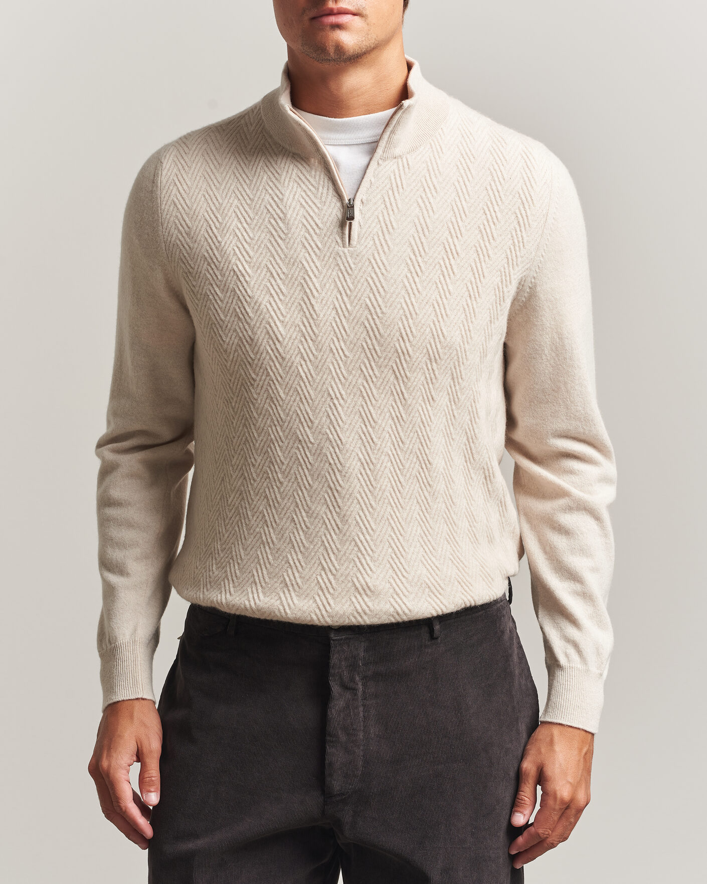 Uomini | Maglieria | Fedeli | Wool/Cashmere Chevron Half Zip Light Beige