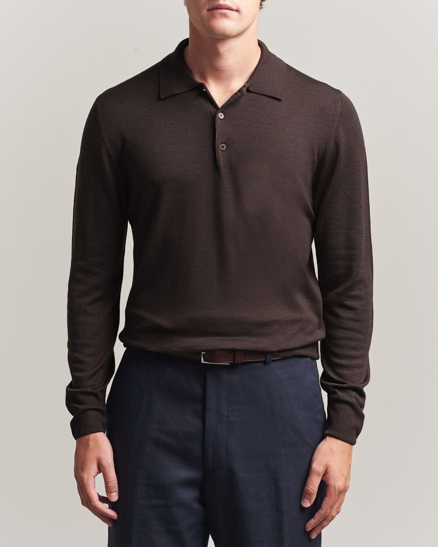 Uomini | Maglieria | Canali | Merino Wool Long Sleeve Polo Dark Brown
