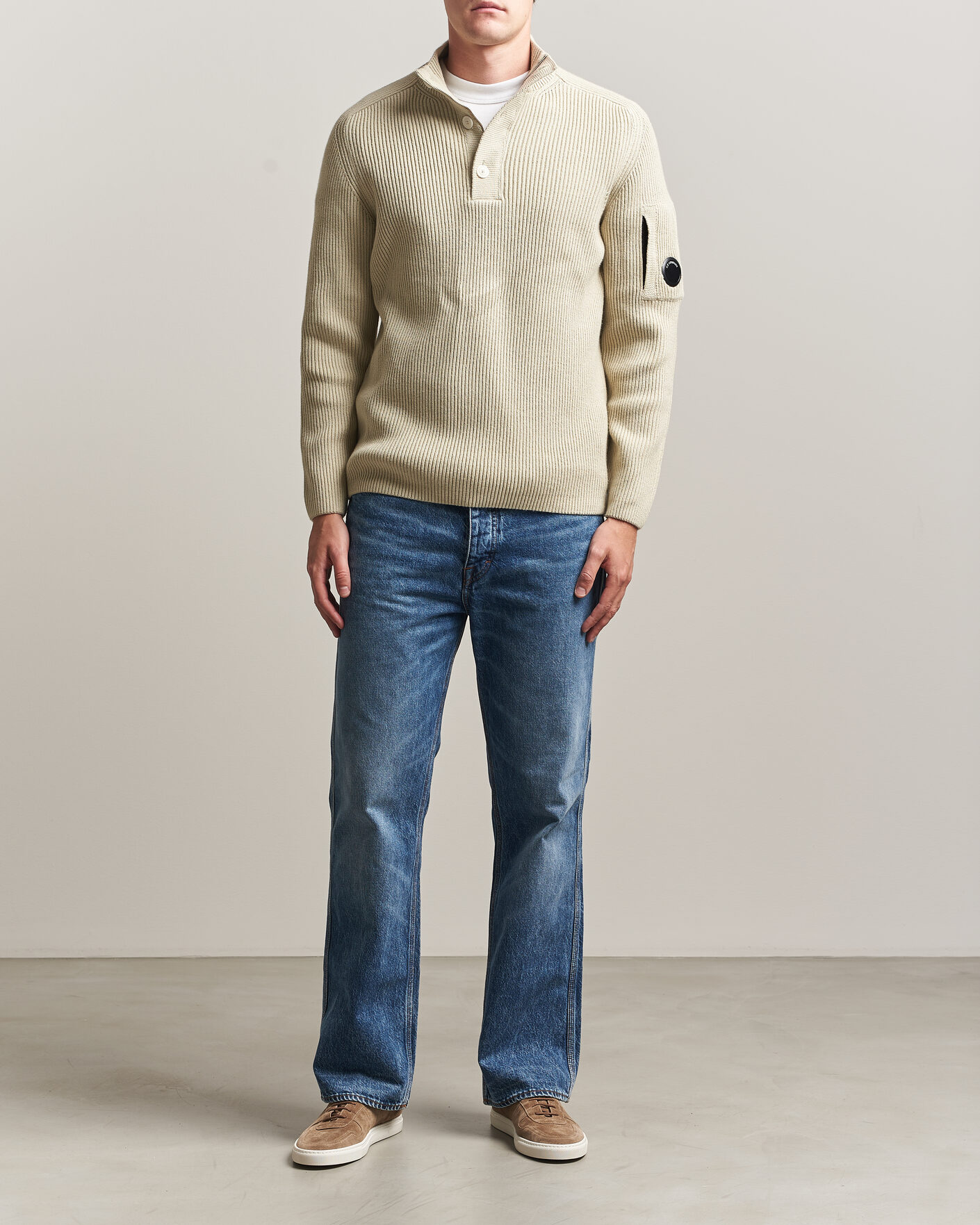 Uomini | Maglieria | C.P. Company | Full Rib Knitted Cotton Half Button Light Grey