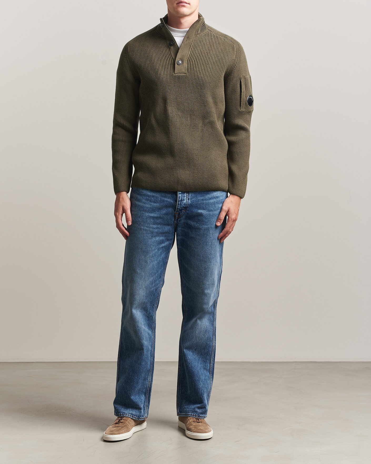 Uomini | Maglieria | C.P. Company | Full Rib Knitted Cotton Half Button Dark Green