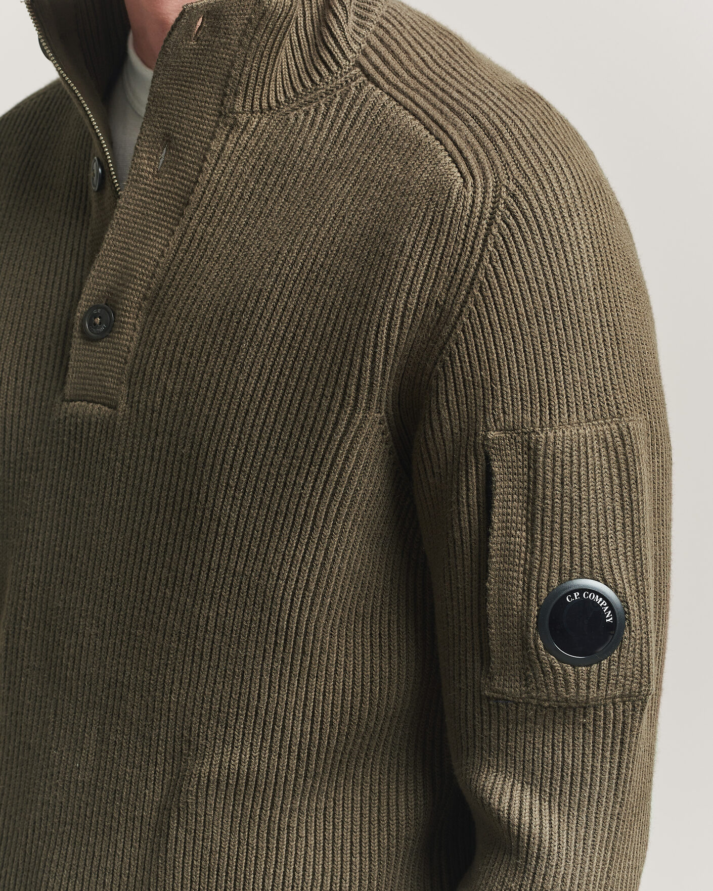 Uomini | Maglieria | C.P. Company | Full Rib Knitted Cotton Half Button Dark Green