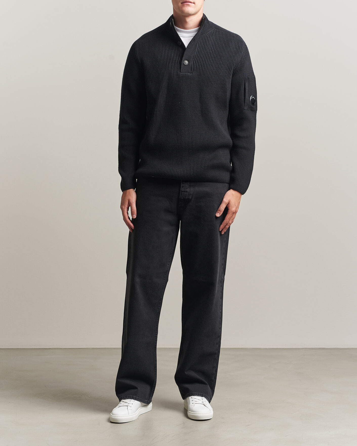 Uomini | Maglieria | C.P. Company | Full Rib Knitted Cotton Half Button Black