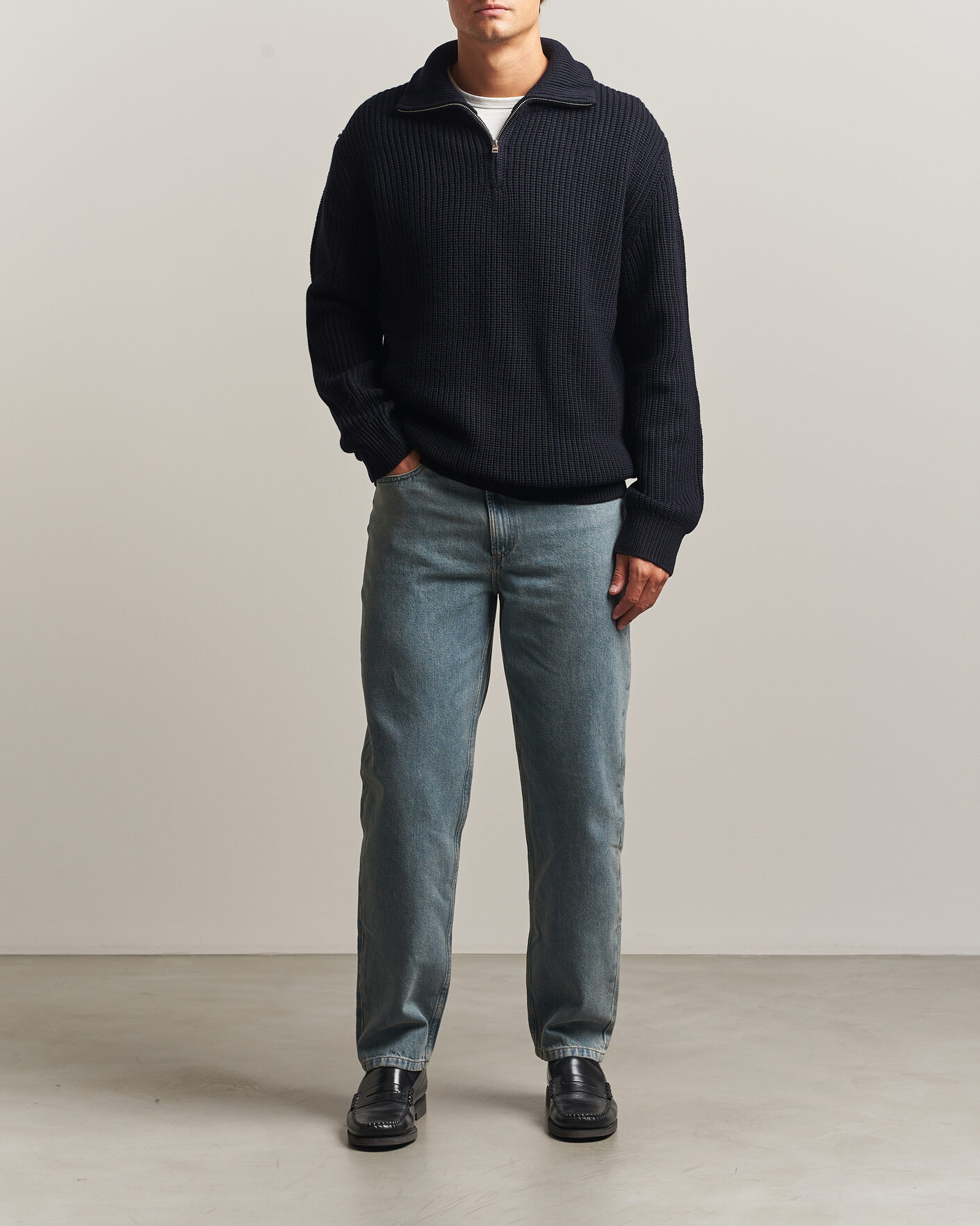 Uomini | Maglieria | A.P.C. | Daniel Wool Rib Knitted Half Zip Dark Navy