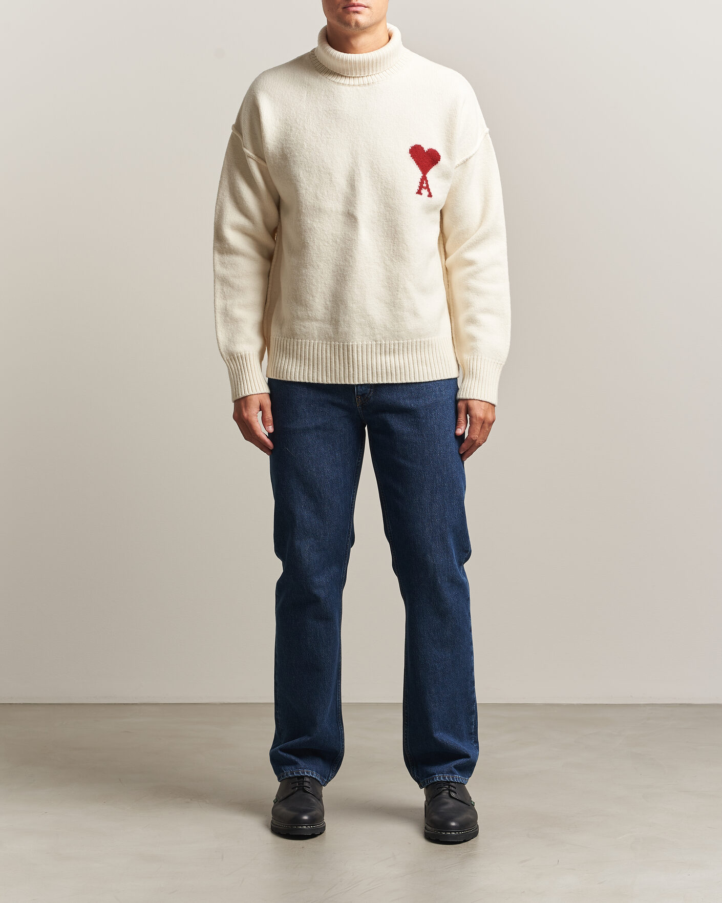 Uomini | Maglieria | AMI | Big Heart Logo Wool Knitted Polo Ecru
