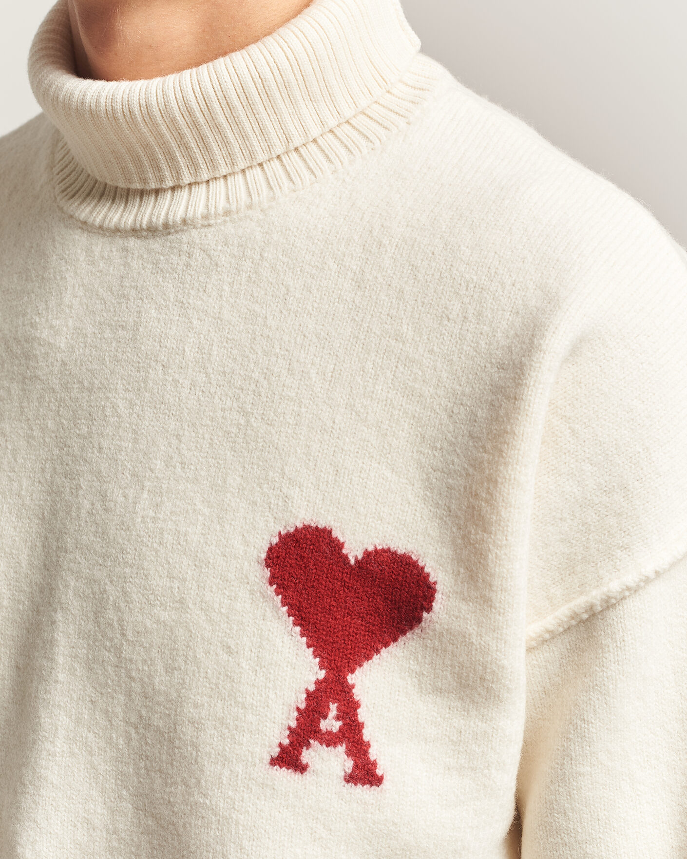 Uomini | Maglieria | AMI | Big Heart Logo Wool Knitted Polo Ecru