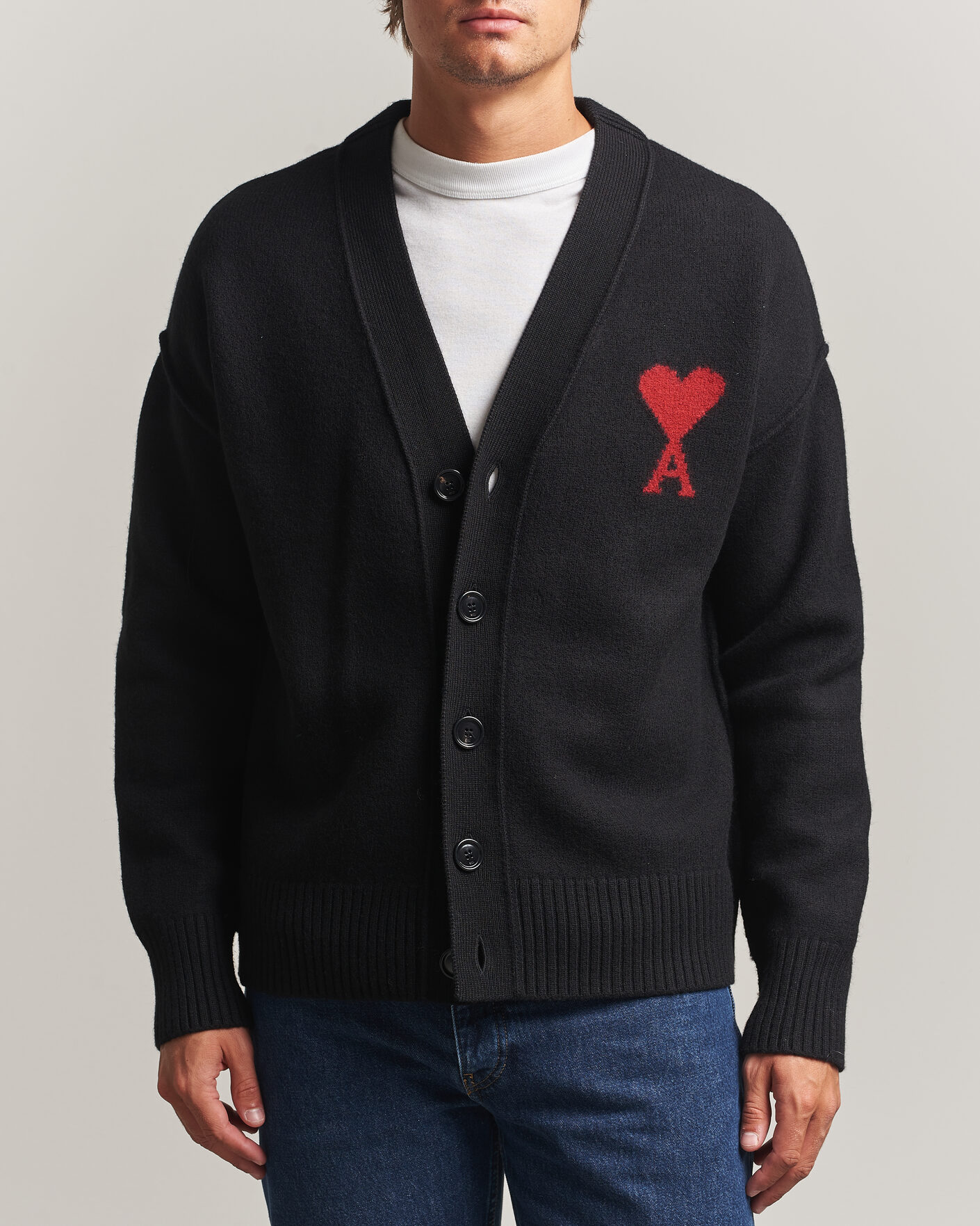 Uomini | Maglieria | AMI | Big Heart Logo Wool Knitted Cardigan Black