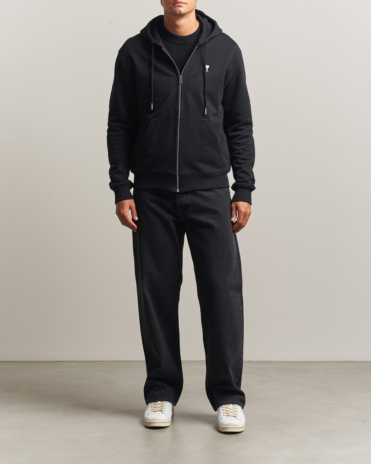 Uomini | Maglieria | AMI | Contrasted Heart Logo Full Zip Hoodie Black