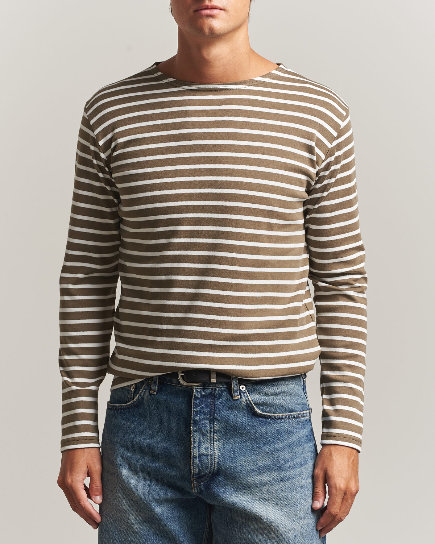 Uomini | T-shirt | Armor-lux | Houat Héritage Stripe Long Sleeve T-Shirt Olive/Milk