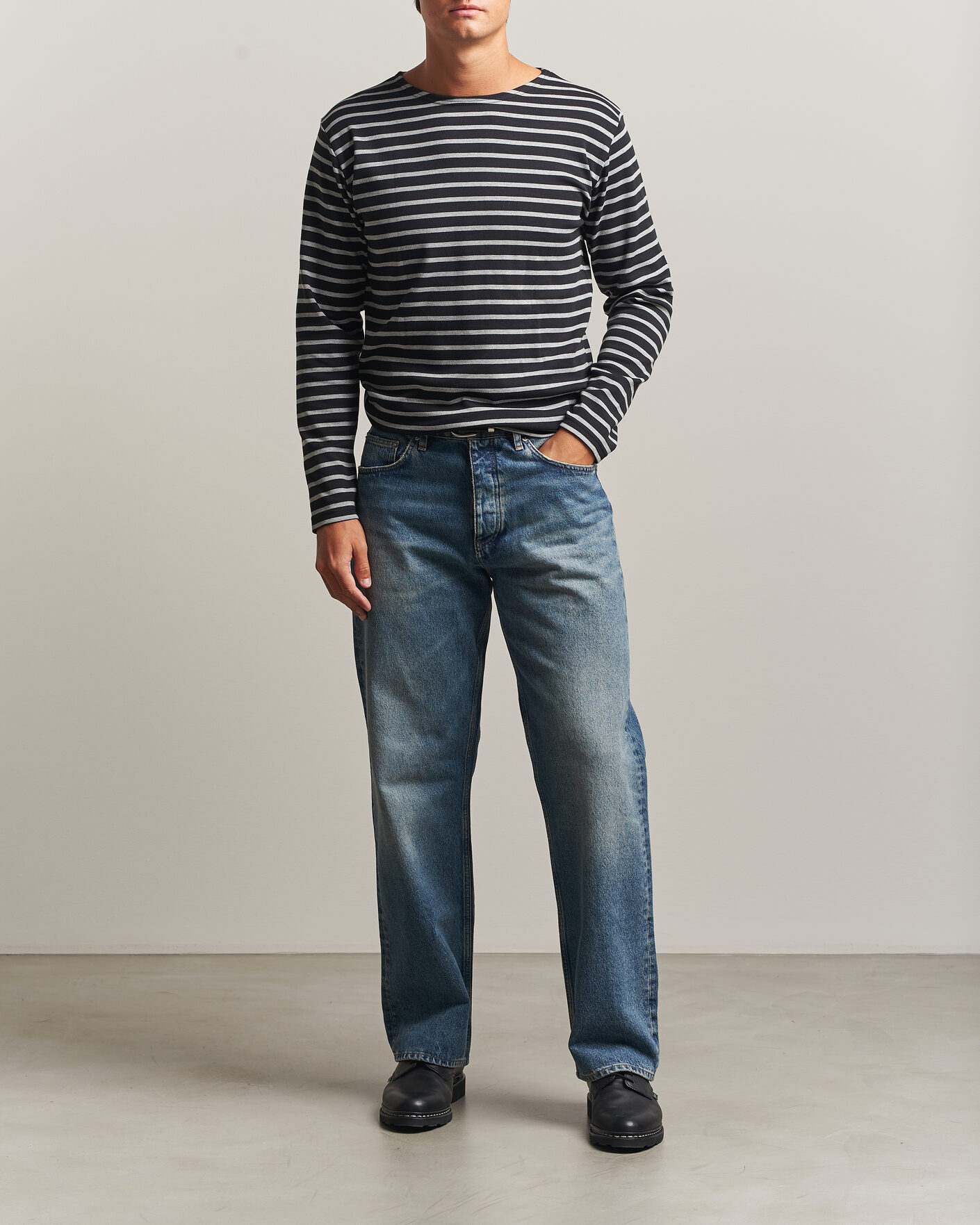Uomini | T-shirt | Armor-lux | Houat Héritage Stripe Long Sleeve T-Shirt Black/Grey