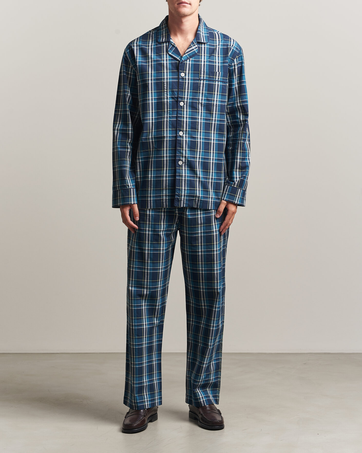 Uomini | Accappatoi & Pigiami | Derek Rose | Piped Checked Cotton Pyjama Set Navy
