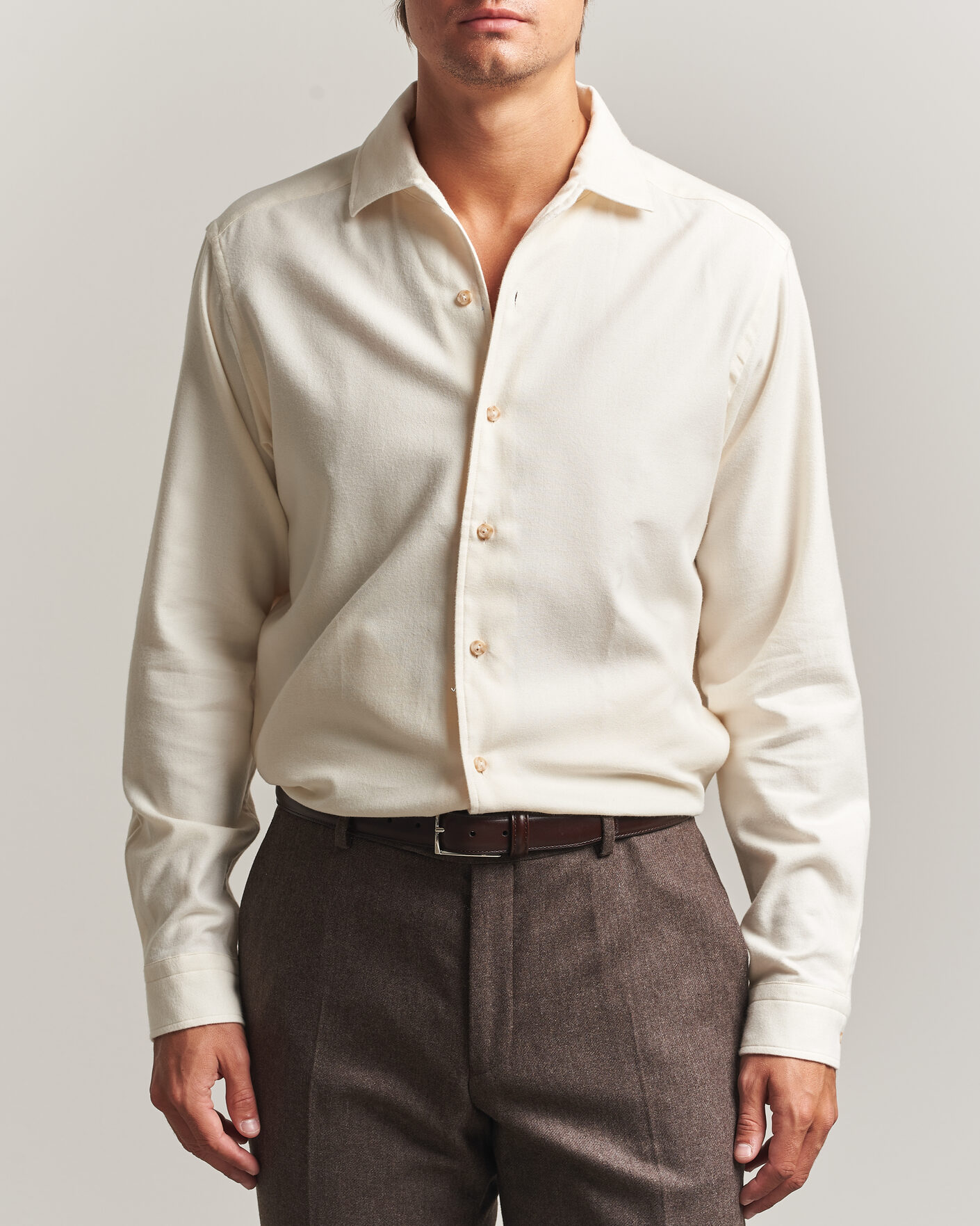Uomini | Camicie | Eton | Casual Fit One Piece Collar Flannel Shirt Off White