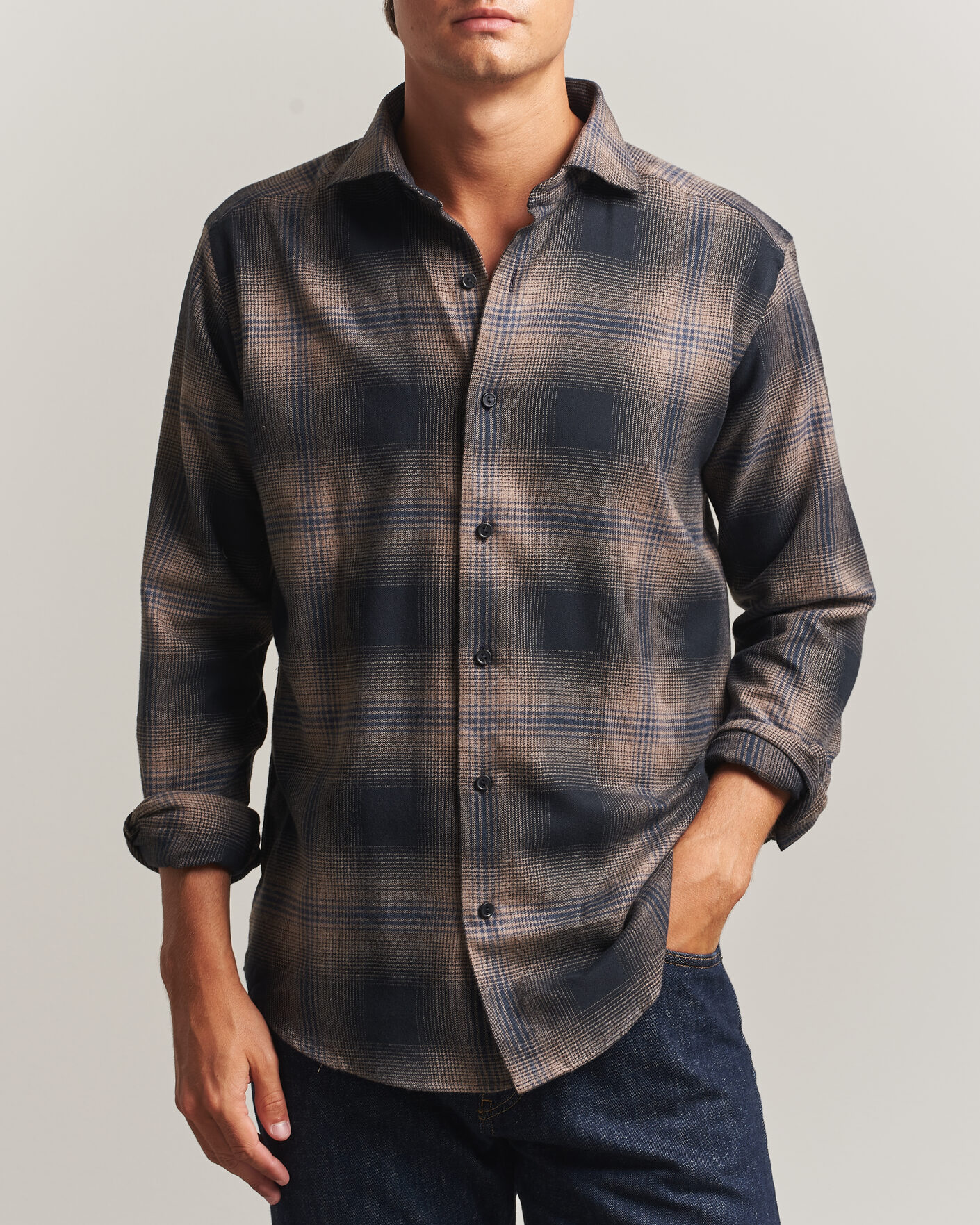 Uomini | Camicie | Eton | Casual Fit Checked Flannel Shirt Navy Blue