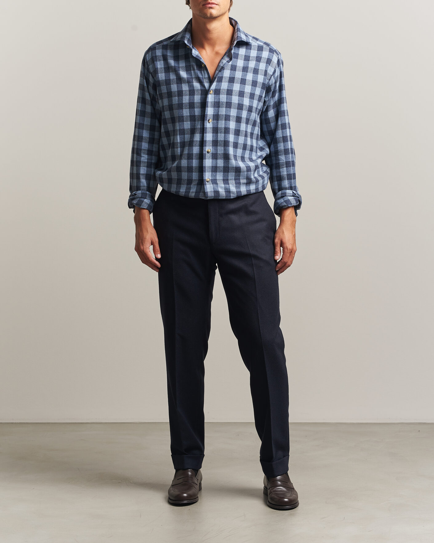 Uomini | Camicie | Eton | Casual Fit Checked Flannel Shirt Mid Blue