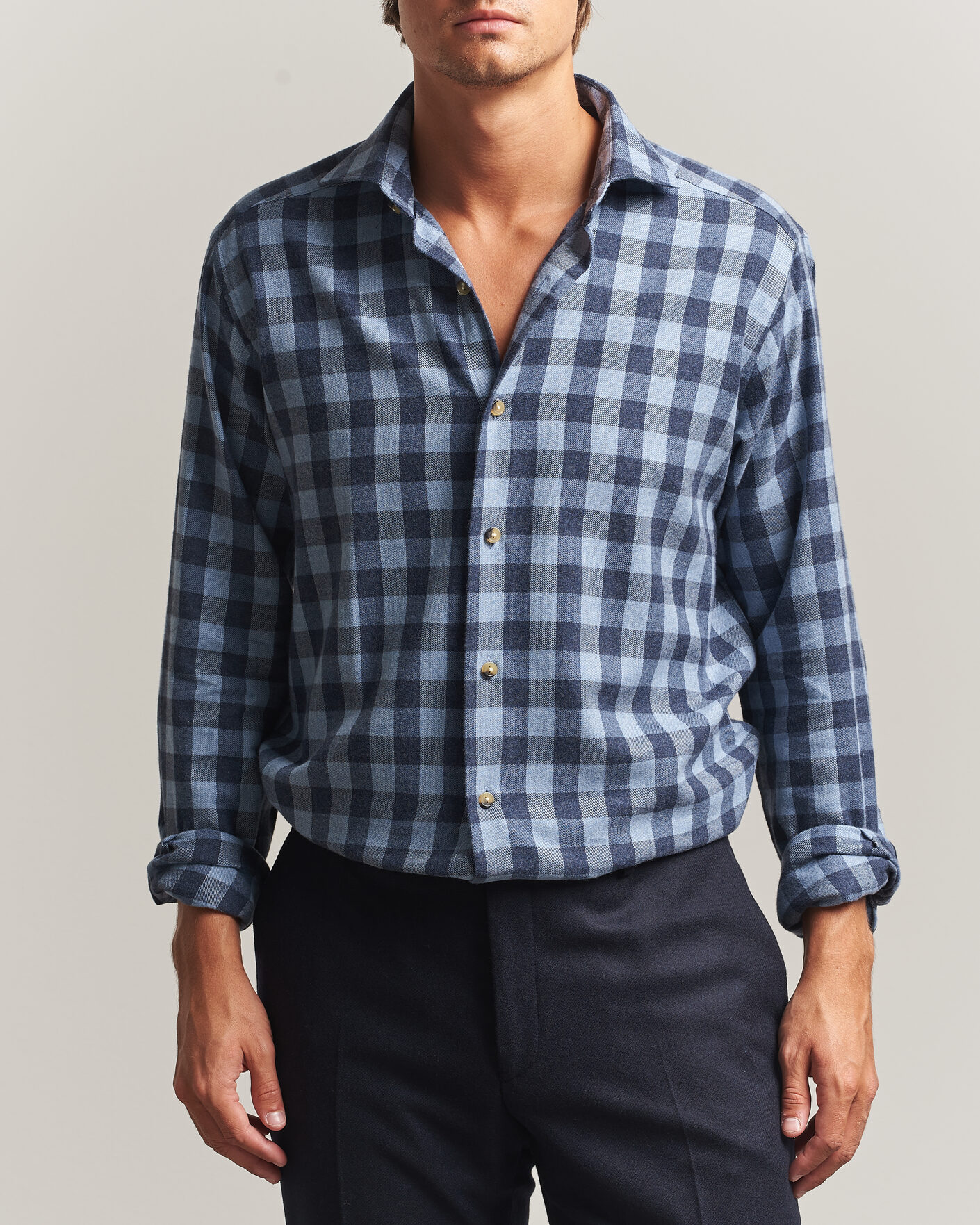 Uomini | Camicie | Eton | Casual Fit Checked Flannel Shirt Mid Blue