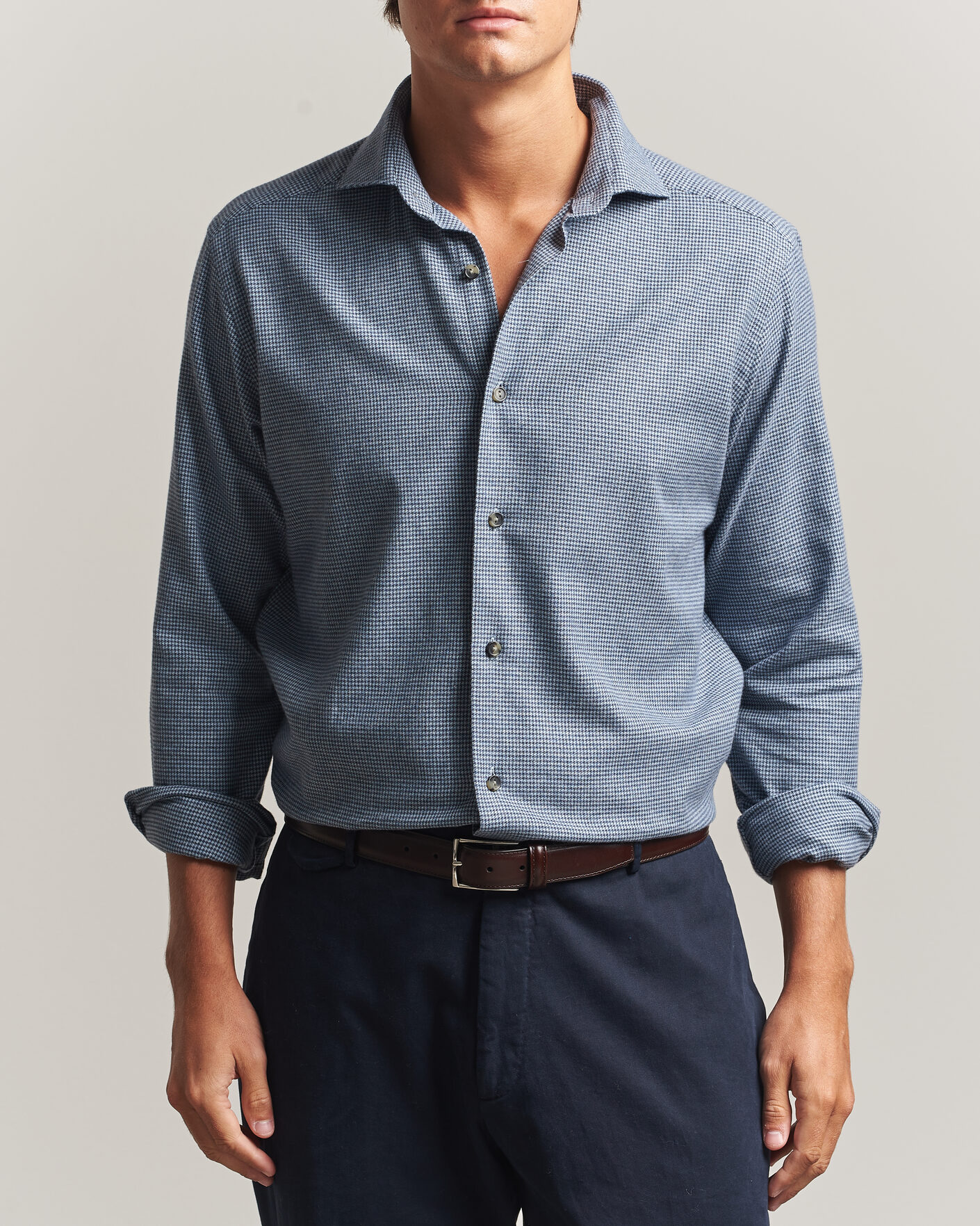 Uomini | Camicie | Eton | Casual Fit Houndstooth Flannel Shirt Mid Blue