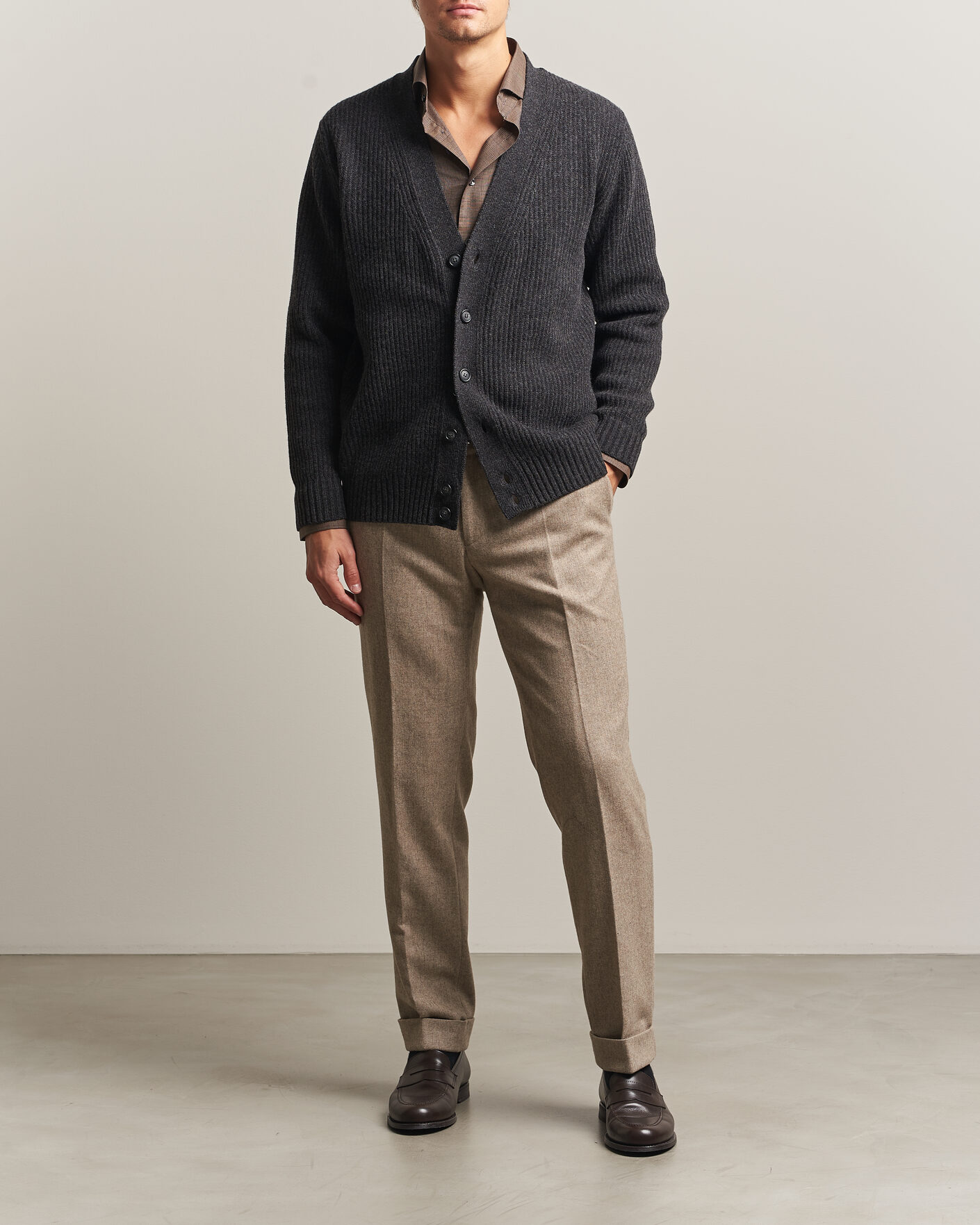 Uomini | Maglieria | Eton | Merino Wool Rib Cardigan Dark Grey