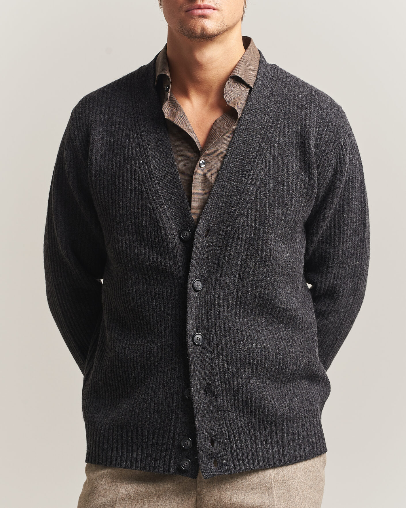 Uomini | Maglieria | Eton | Merino Wool Rib Cardigan Dark Grey