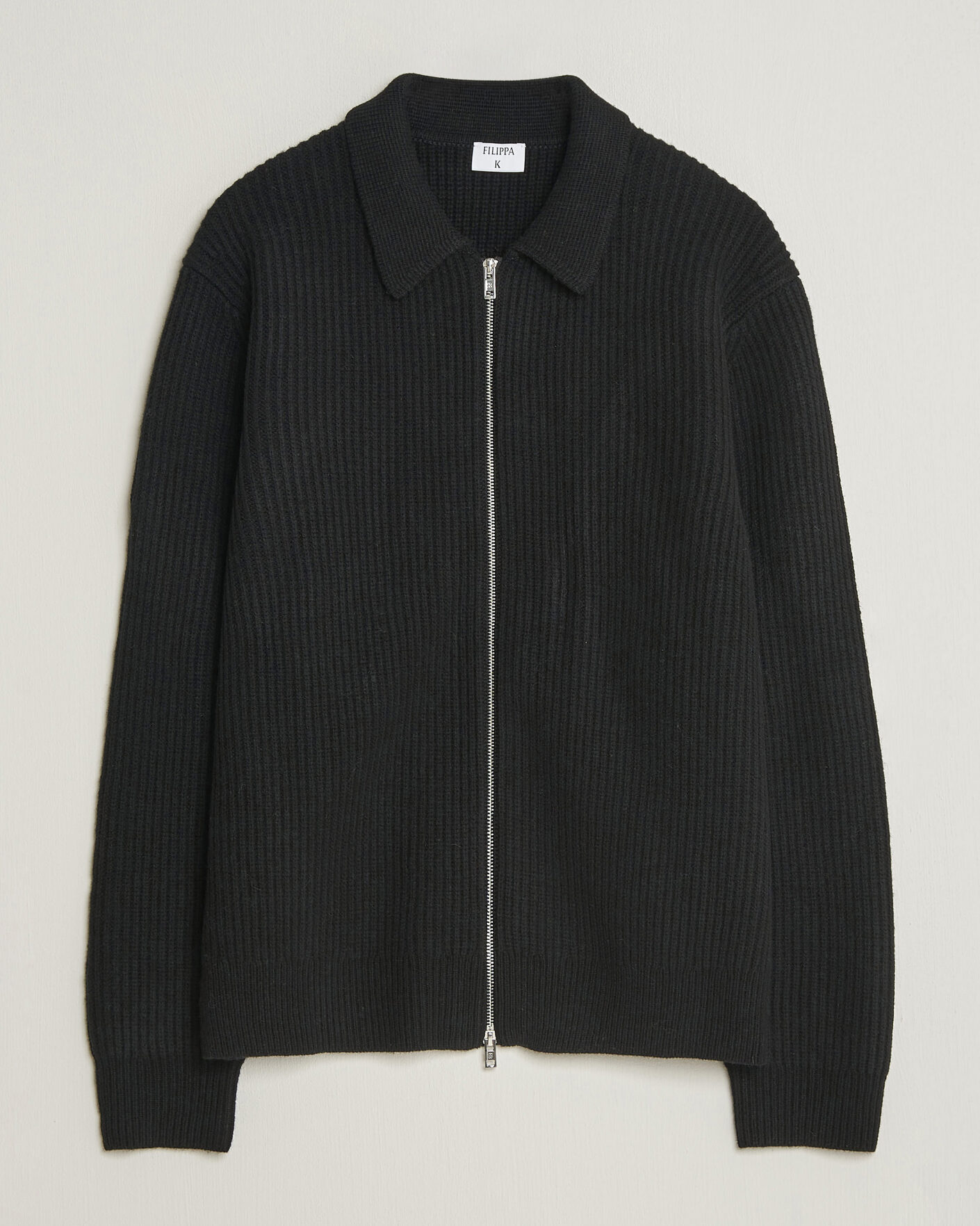 Uomini | Maglieria | Filippa K | Ribbed Wool Knitted Full Zip Black