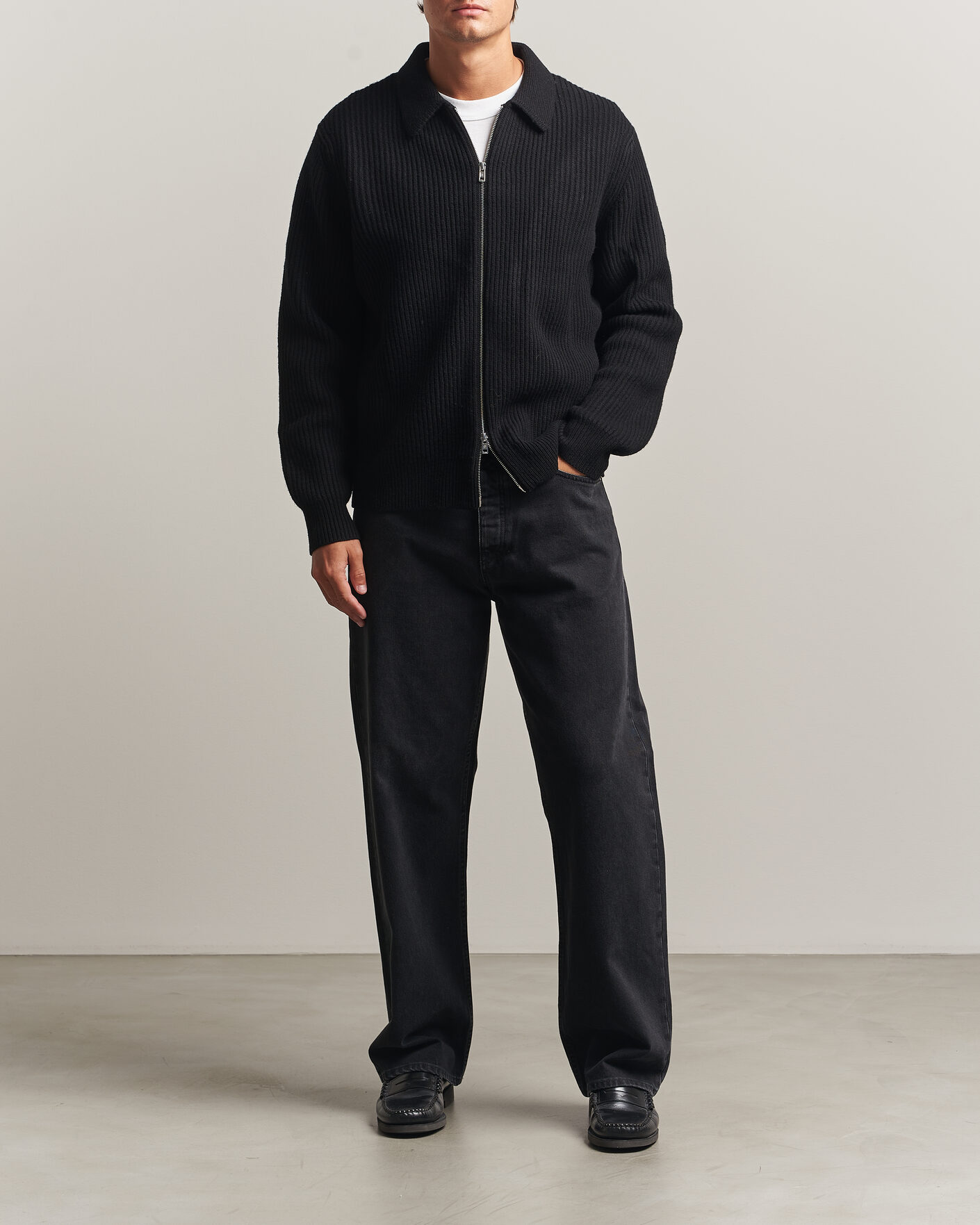 Uomini | Maglieria | Filippa K | Ribbed Wool Knitted Full Zip Black