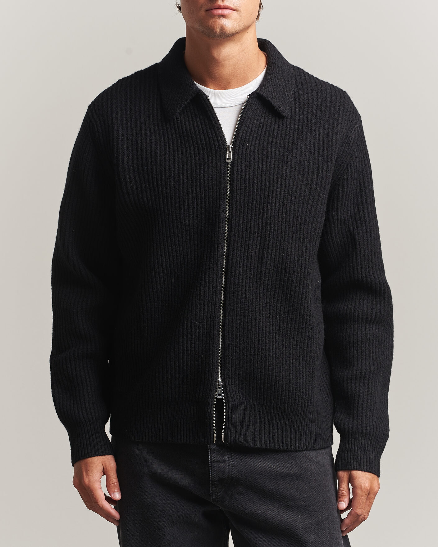 Uomini | Maglieria | Filippa K | Ribbed Wool Knitted Full Zip Black