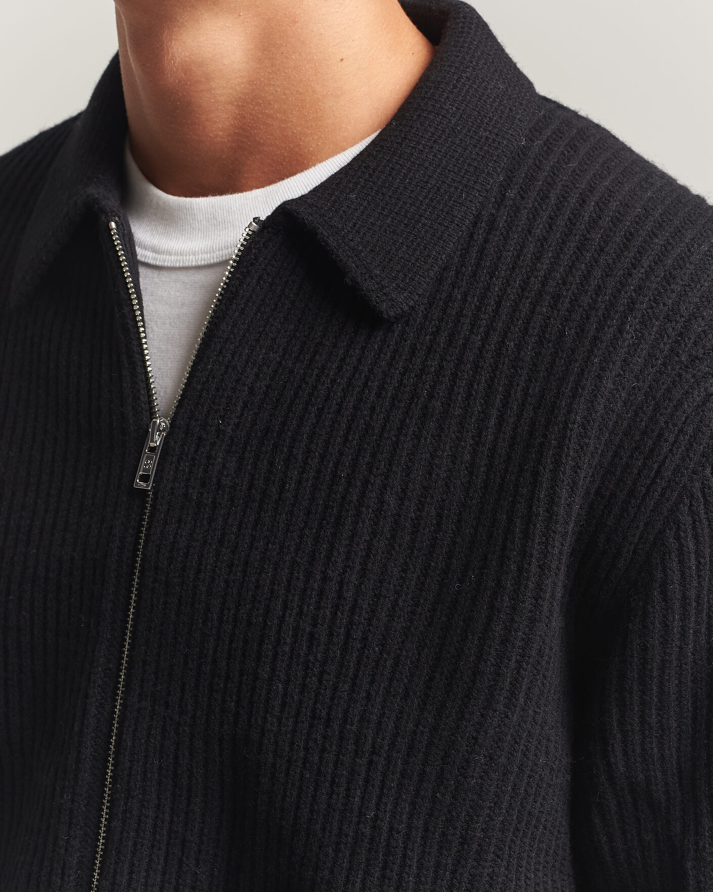 Uomini | Maglieria | Filippa K | Ribbed Wool Knitted Full Zip Black