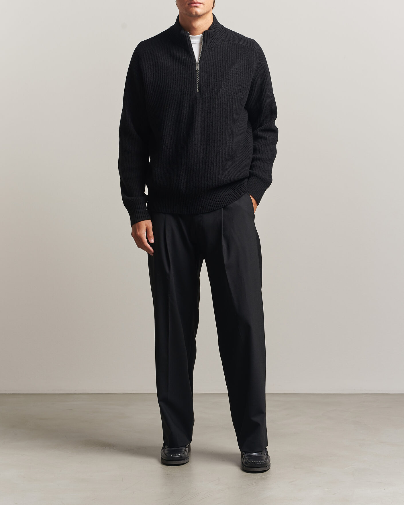 Uomini | Maglieria | Filippa K | Ribbed Wool Knitted Half Zip Black