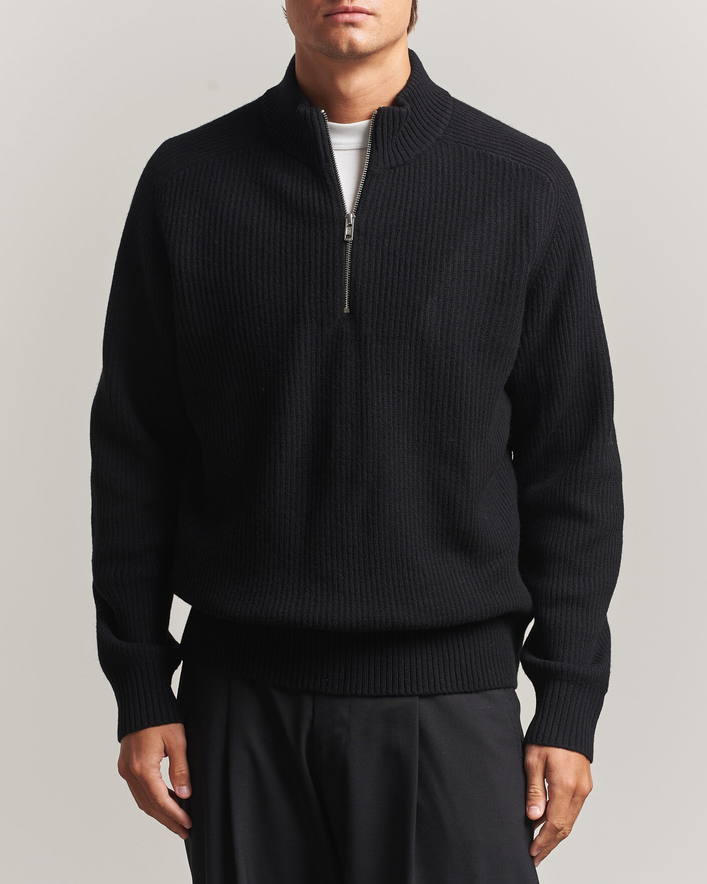 Uomini | Maglieria | Filippa K | Ribbed Wool Knitted Half Zip Black