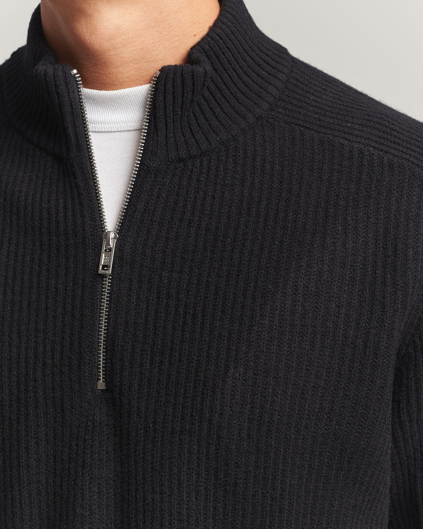 Uomini | Maglieria | Filippa K | Ribbed Wool Knitted Half Zip Black