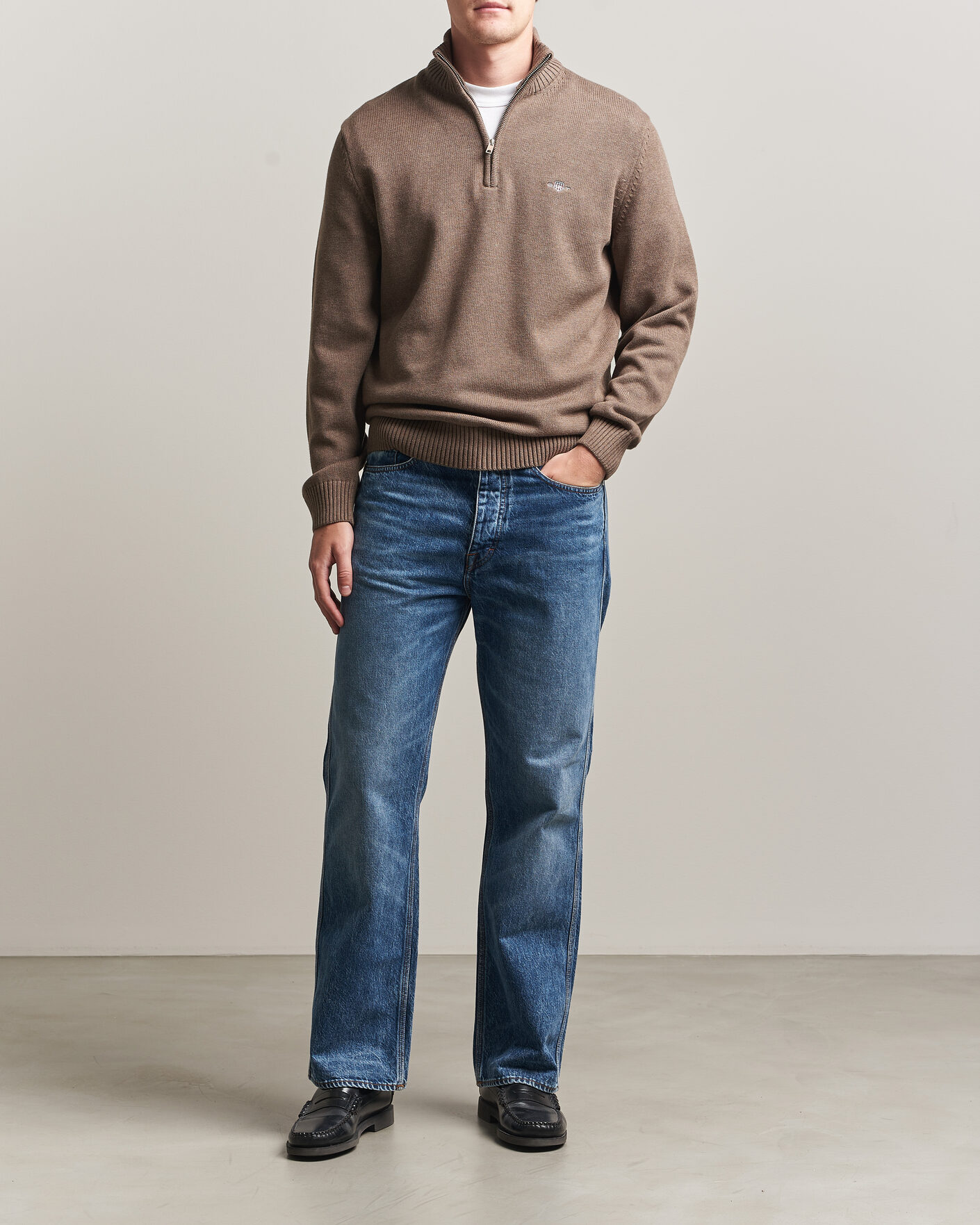Uomini | Maglieria | Gant | Casual Cotton Knitted Half Zip Dark Hazelnut Melange