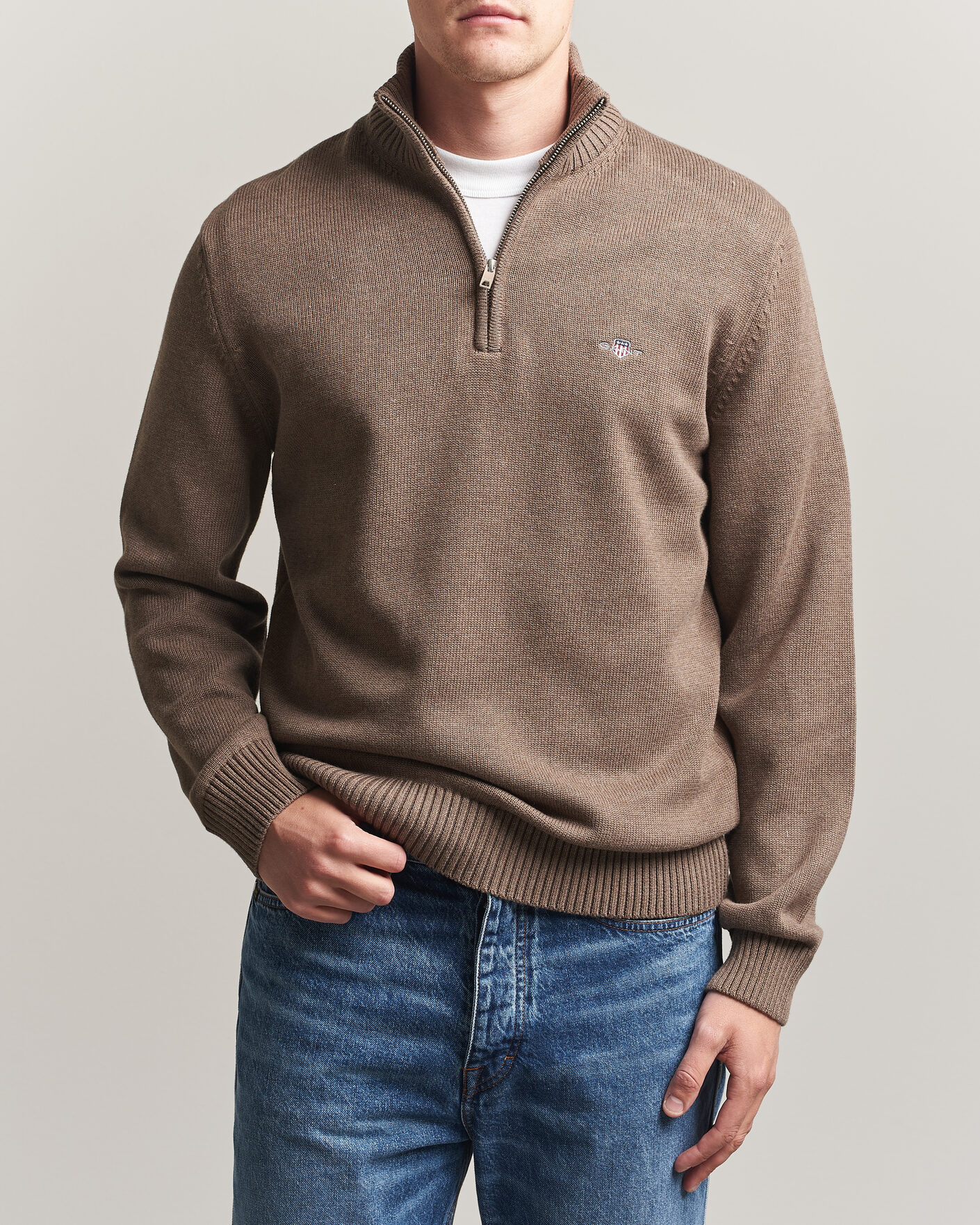 Uomini | Maglieria | Gant | Casual Cotton Knitted Half Zip Dark Hazelnut Melange