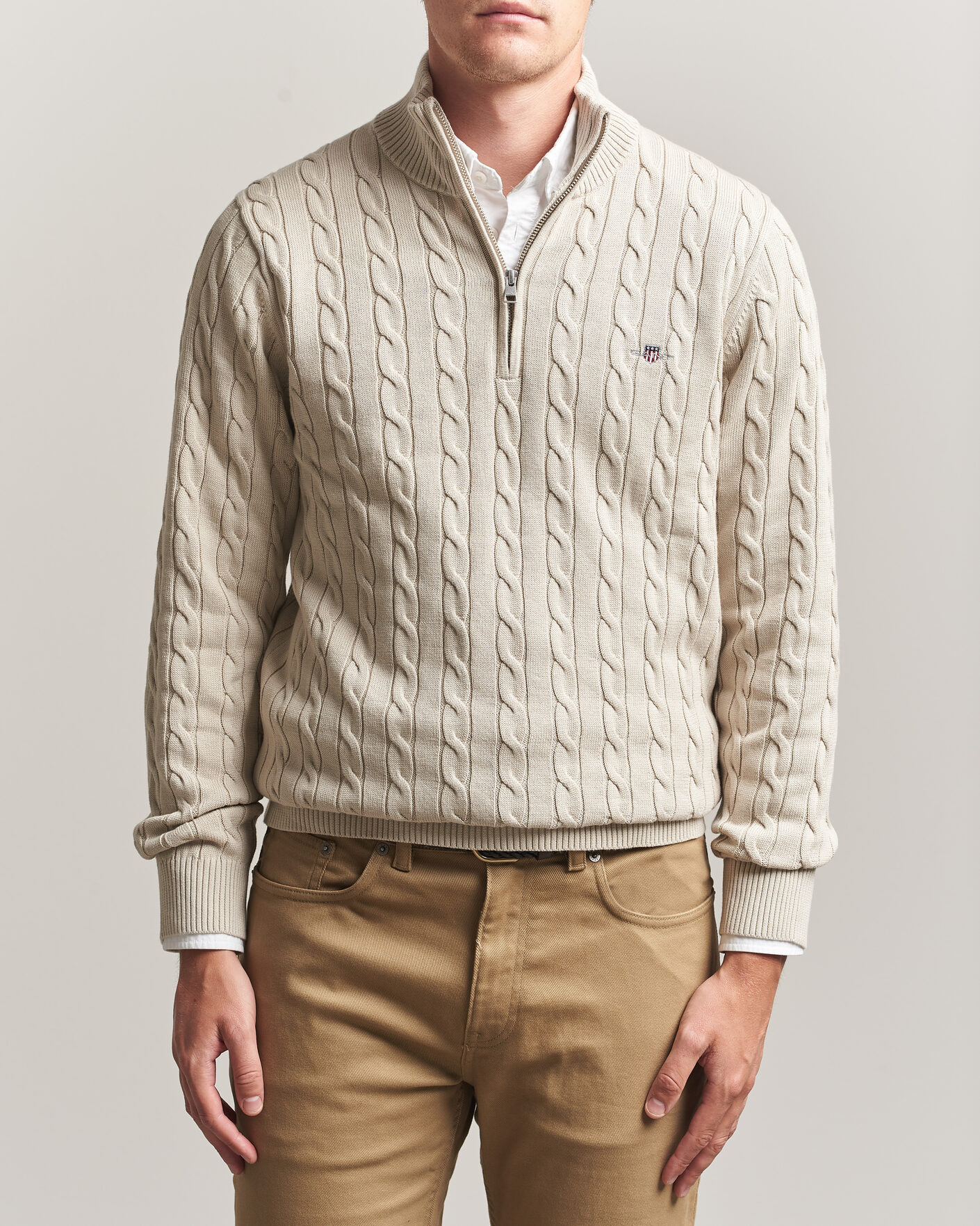 Uomini | Maglieria | Gant | Cotton Cable Half Zip Clay Beige
