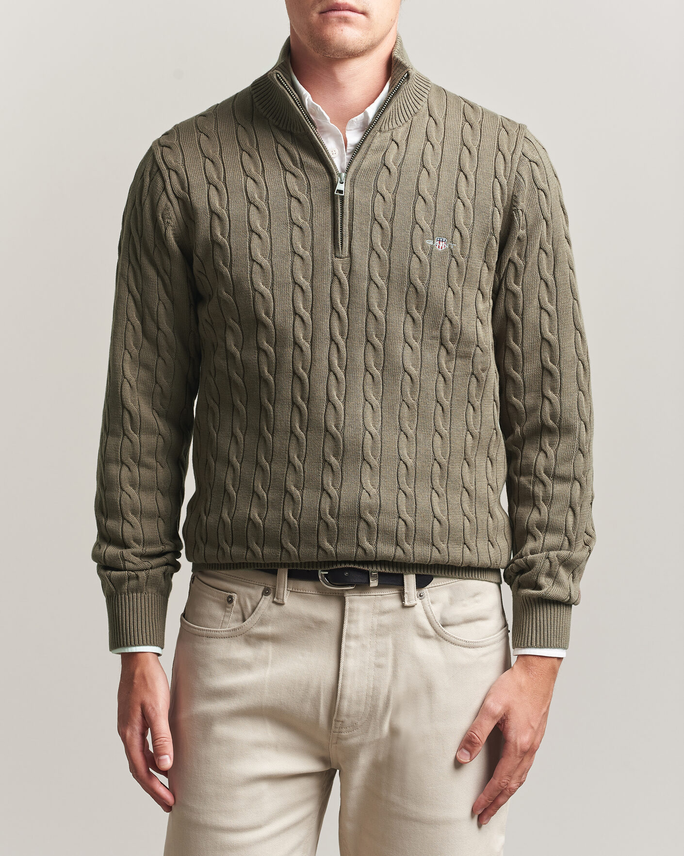 Uomini | Maglieria | Gant | Cotton Cable Half Zip Faded Taupe