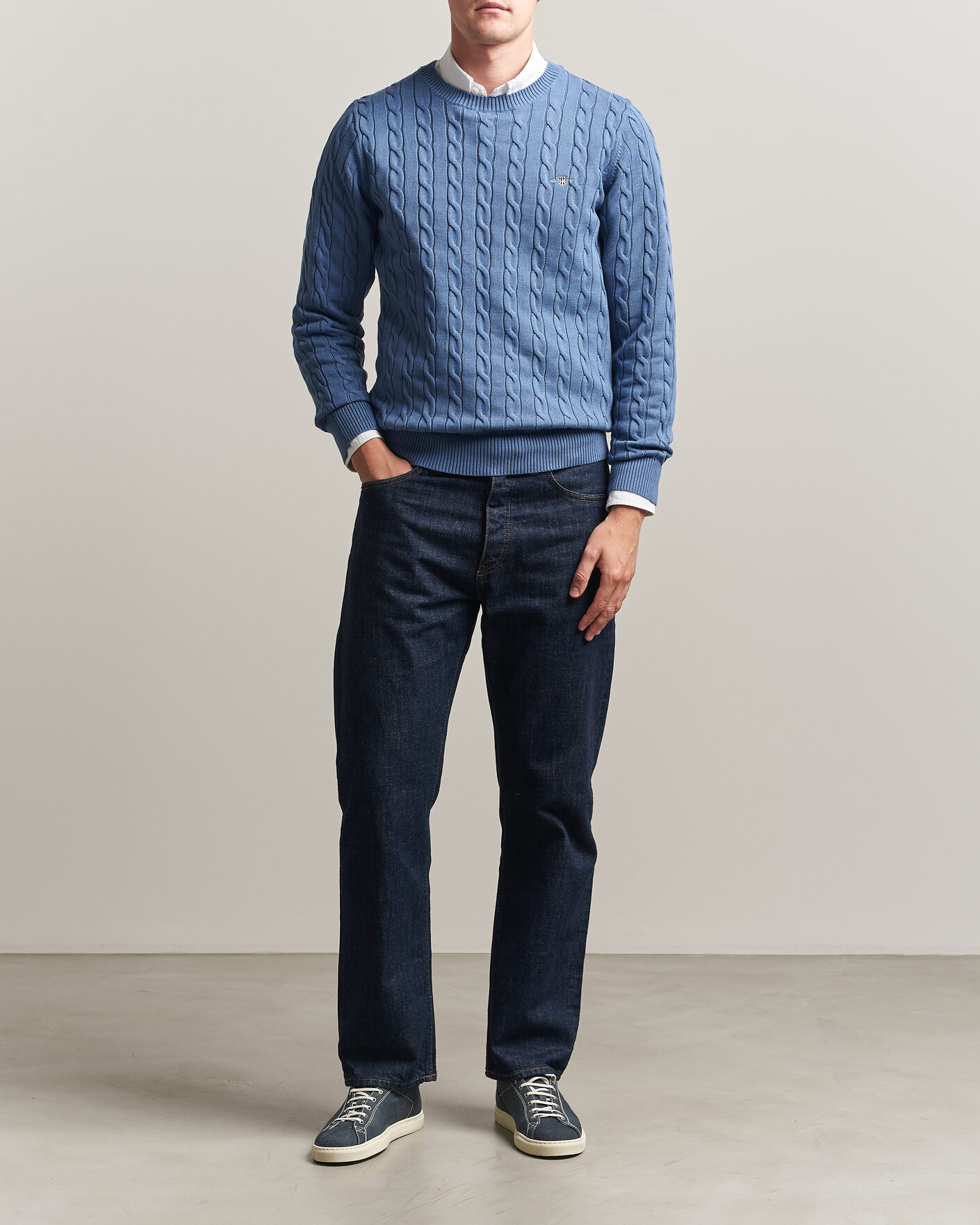 Uomini | Maglieria | Gant | Cotton Cable Crew Neck Blue Horizon