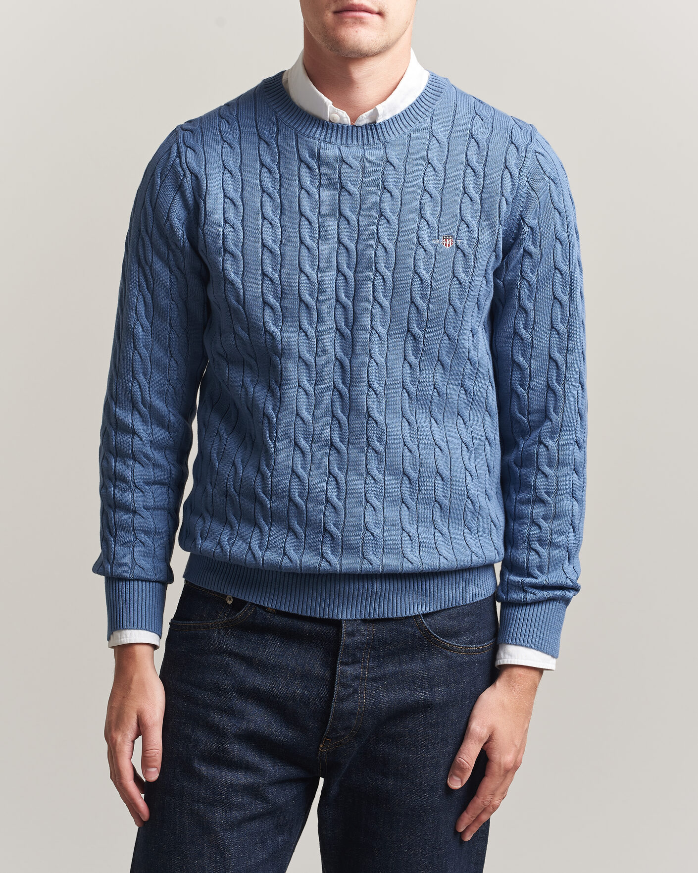 Uomini | Maglieria | Gant | Cotton Cable Crew Neck Blue Horizon
