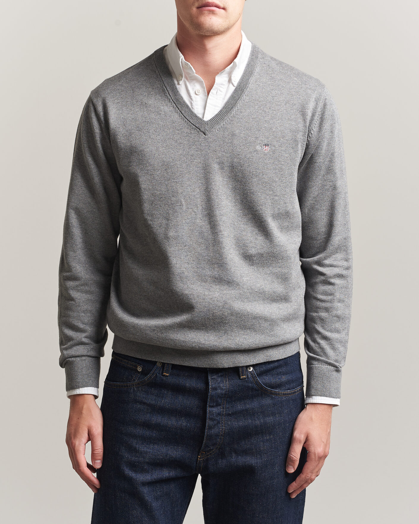 Uomini | Maglieria | Gant | Classic Cotton V-Neck Dark Grey Melange