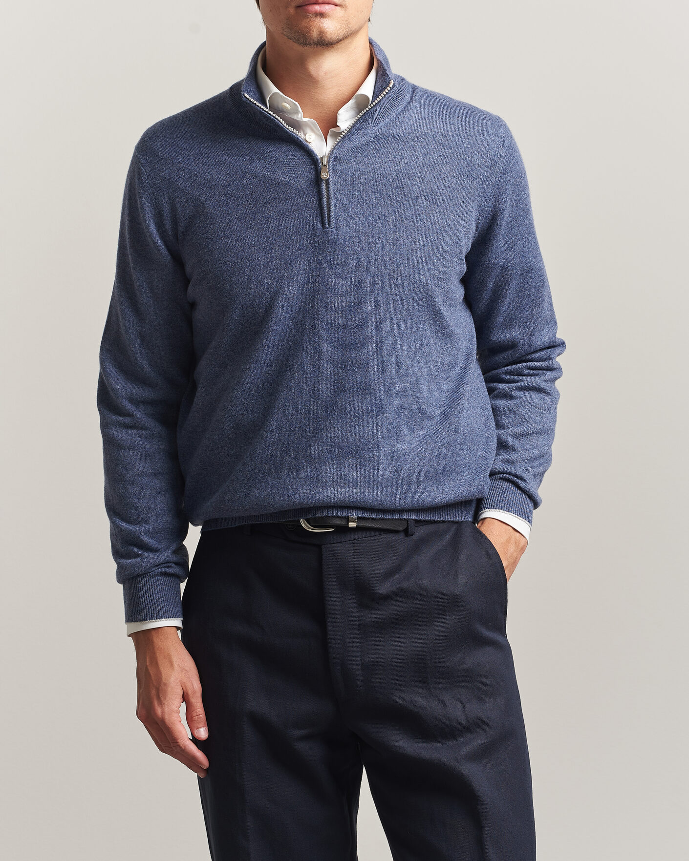 Uomini | Maglieria | Brunello Cucinelli | 2 Ply Cashmere Half Zip Denim Blue