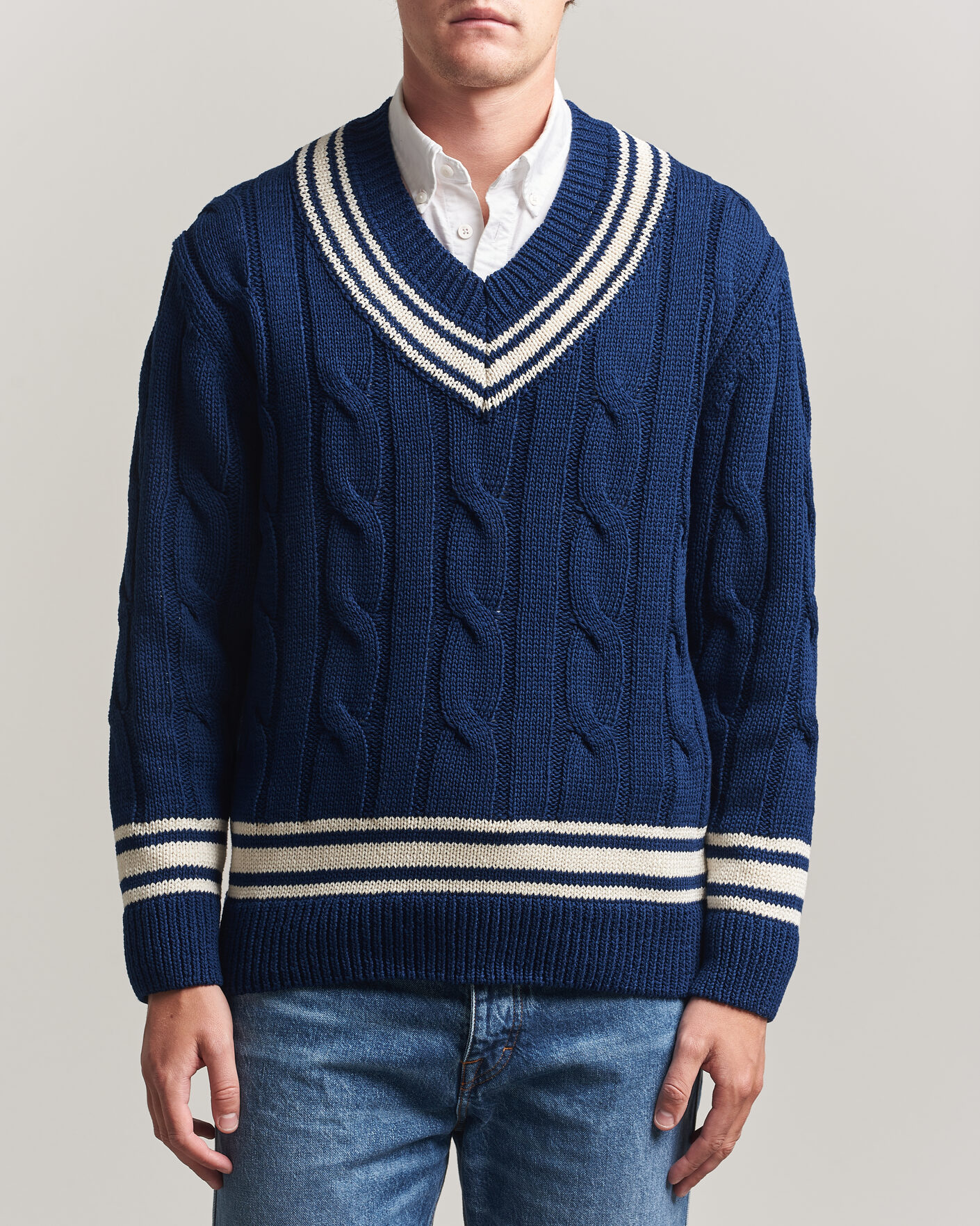 Uomini | Maglieria | Gant | Mercerized Cotton Knitted Cable V-Neck Persian Blue