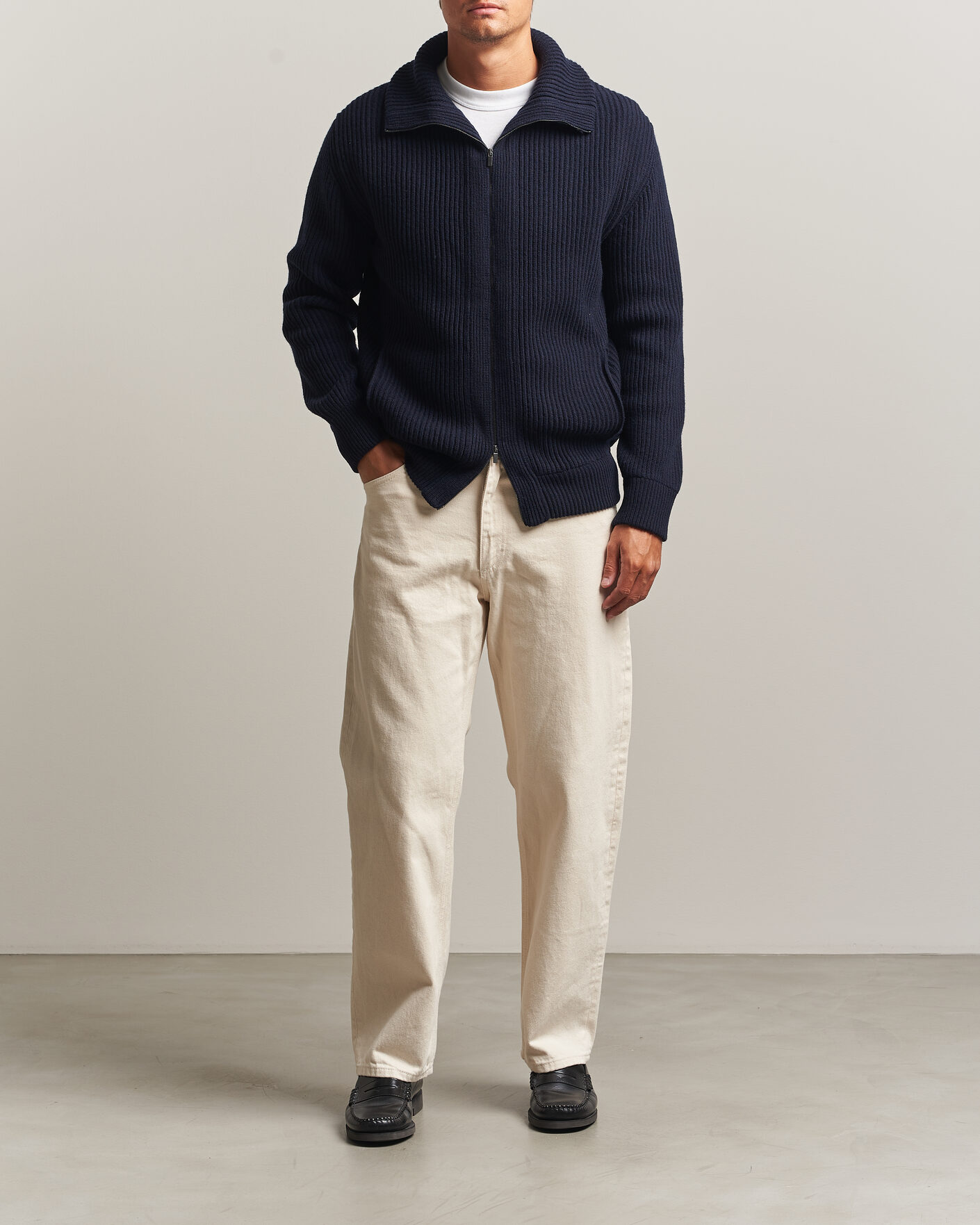 Uomini | Maglieria | Altea | Rib Wool Bomber Cardigan Navy