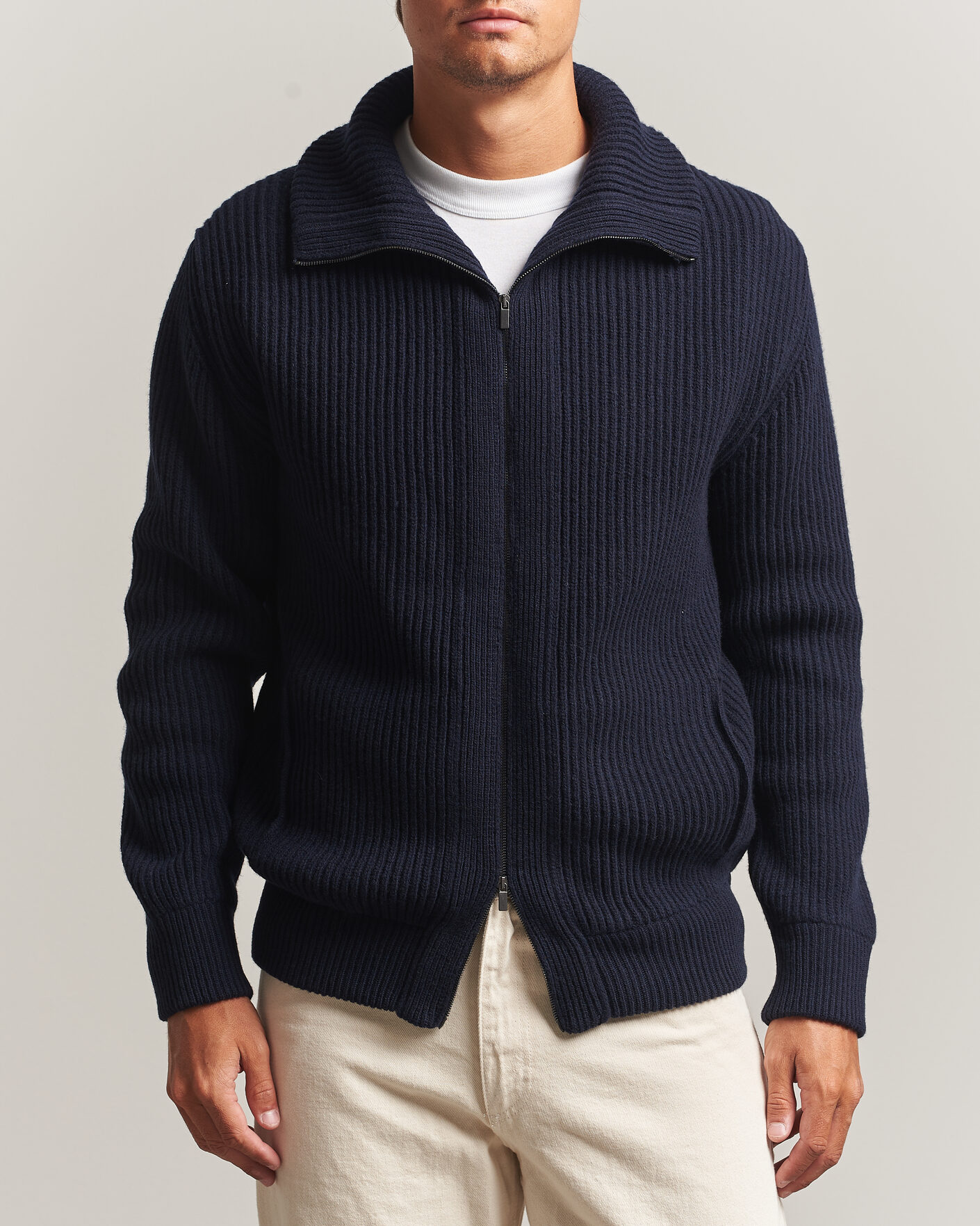 Uomini | Maglieria | Altea | Rib Wool Bomber Cardigan Navy