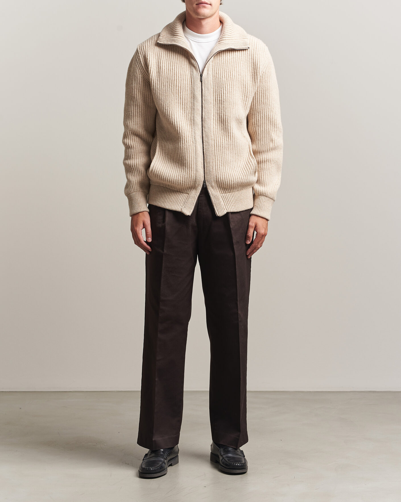 Uomini | Maglieria | Altea | Rib Wool Bomber Cardigan Beige
