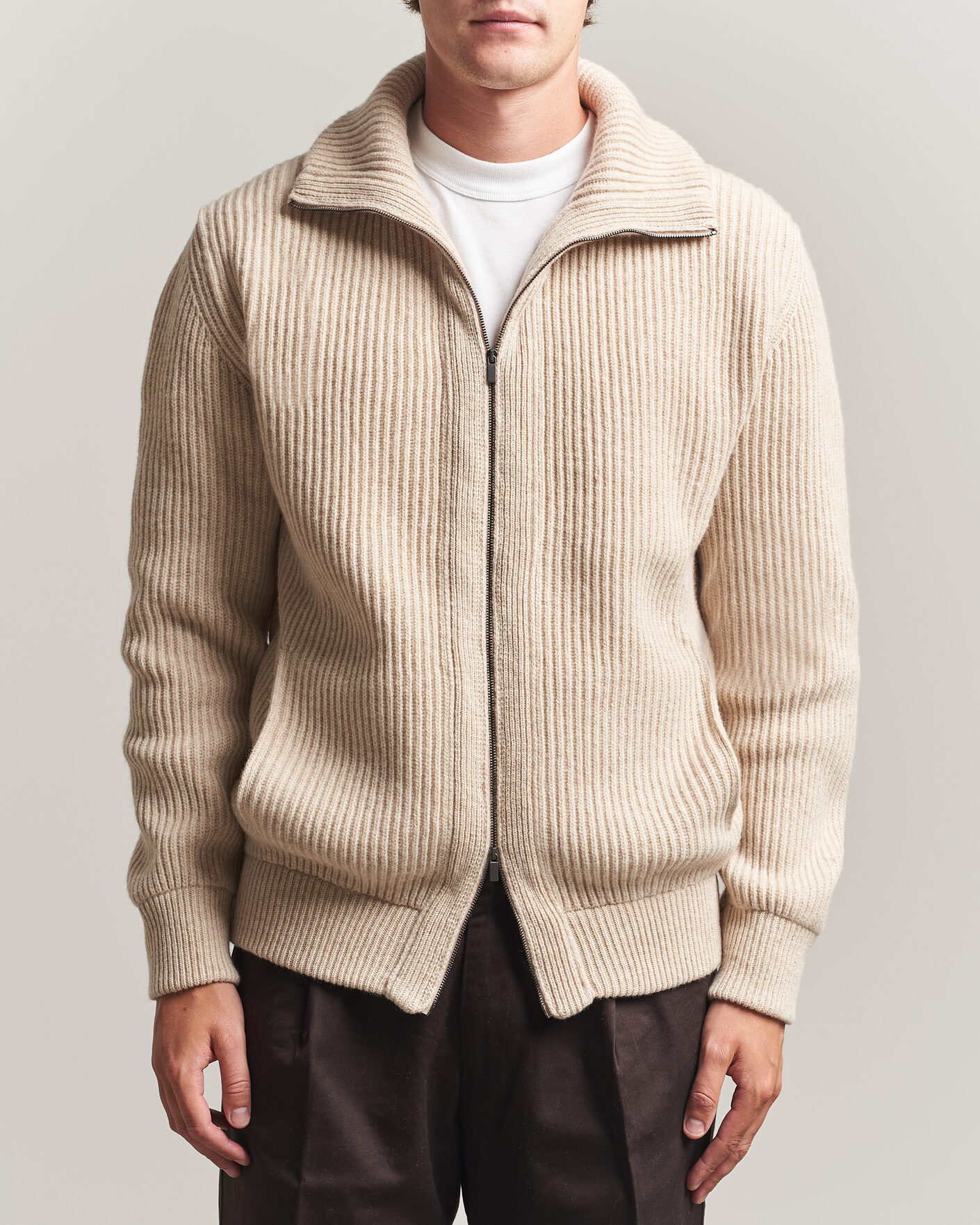 Uomini | Maglieria | Altea | Rib Wool Bomber Cardigan Beige