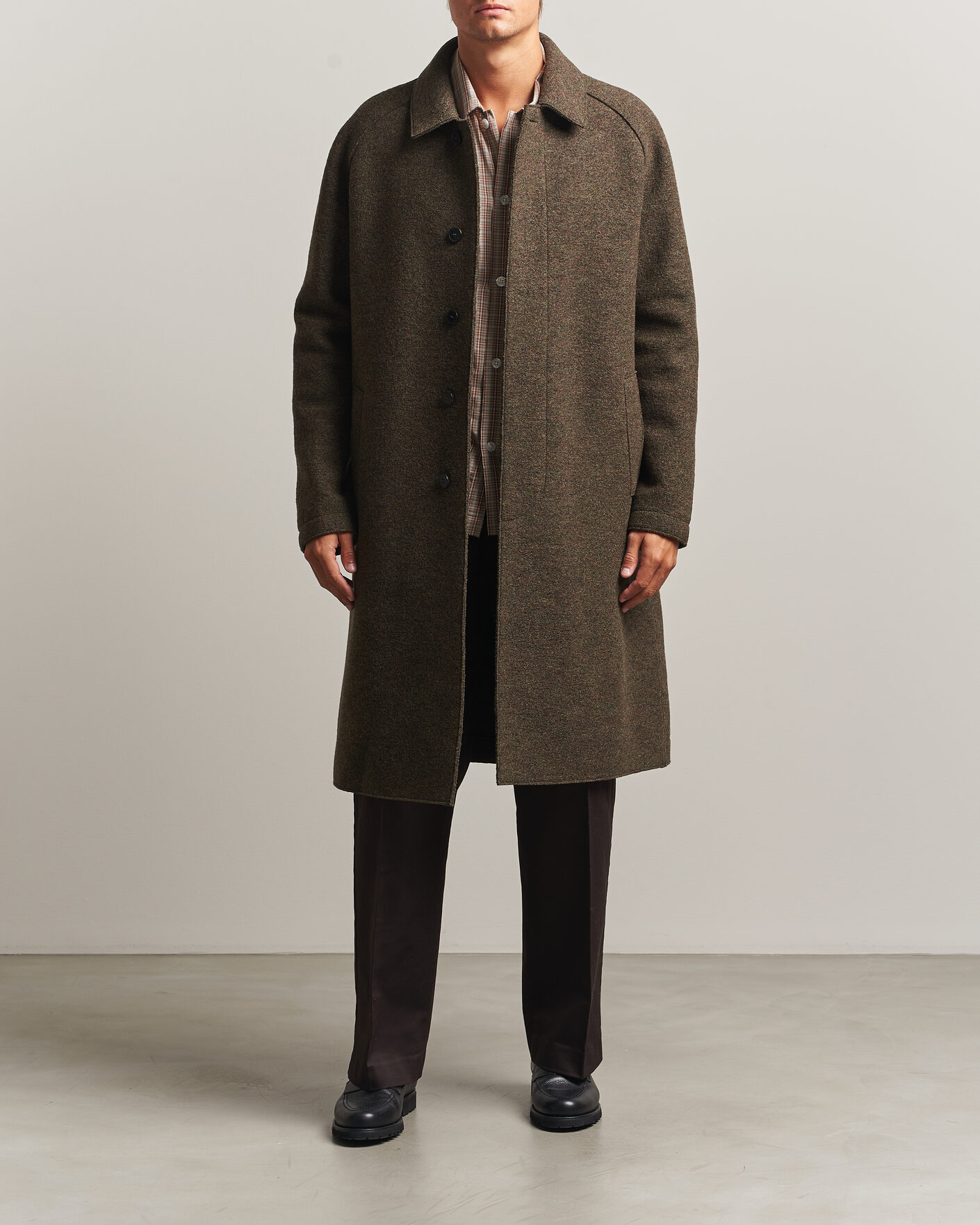 Uomini | Giacche | Harris Wharf London | Boiled Wool Fly Front Balmacan Coat Brown/Green