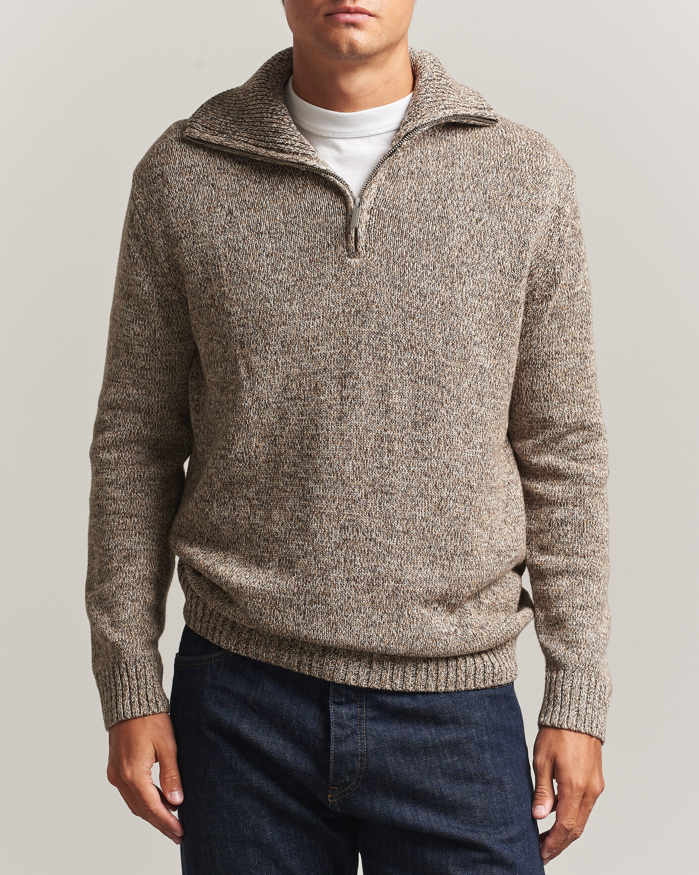 Uomini | Maglieria | KnowledgeCotton Apparel | Heavy Knitted Half Zip Brown