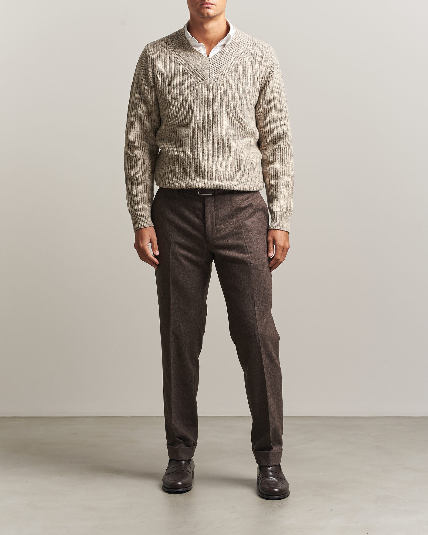Uomini | Maglieria | Morgano | Fisherman Ribb Donegal Knitted V-Neck Beige